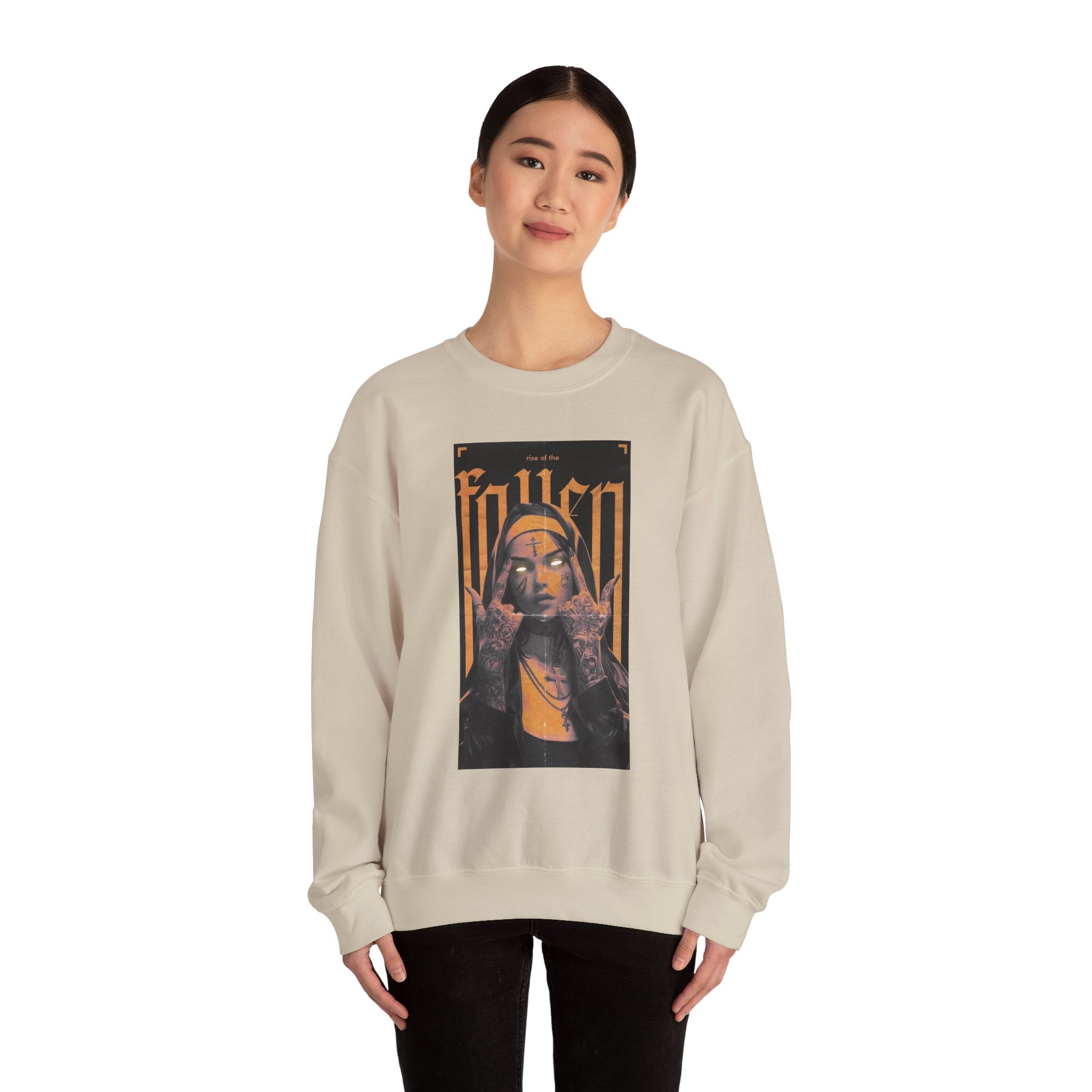 Fallen Gothic Crewneck Sweatshirt — Dark Tattooed Nun Graphic