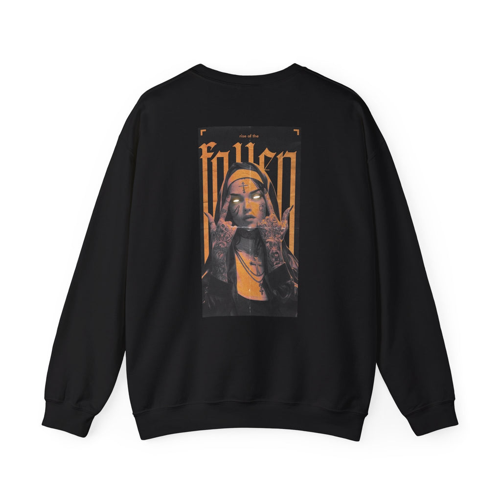 Fallen Gothic Crewneck Sweatshirt — Dark Tattooed Nun Graphic