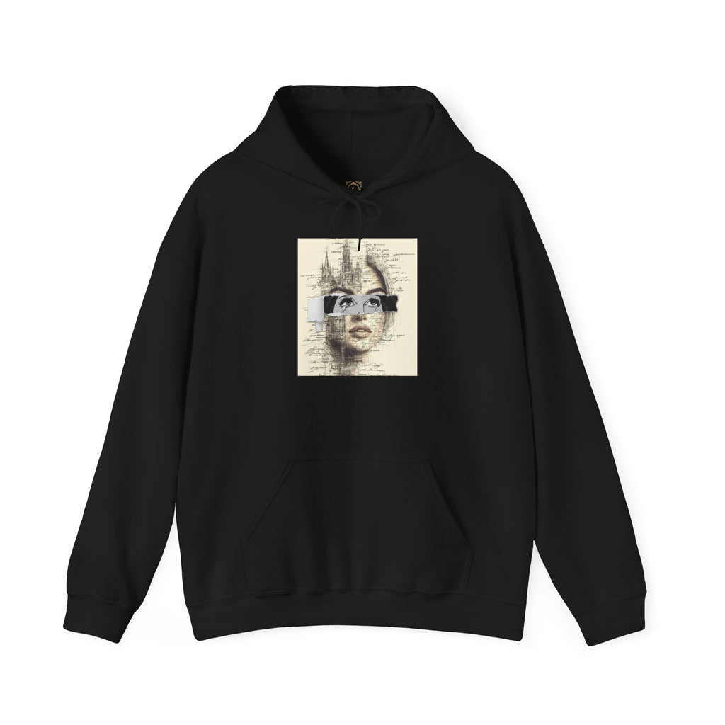 Artistic Face Collage Hoodie — Vintage Script Portrait Sweatshirt
