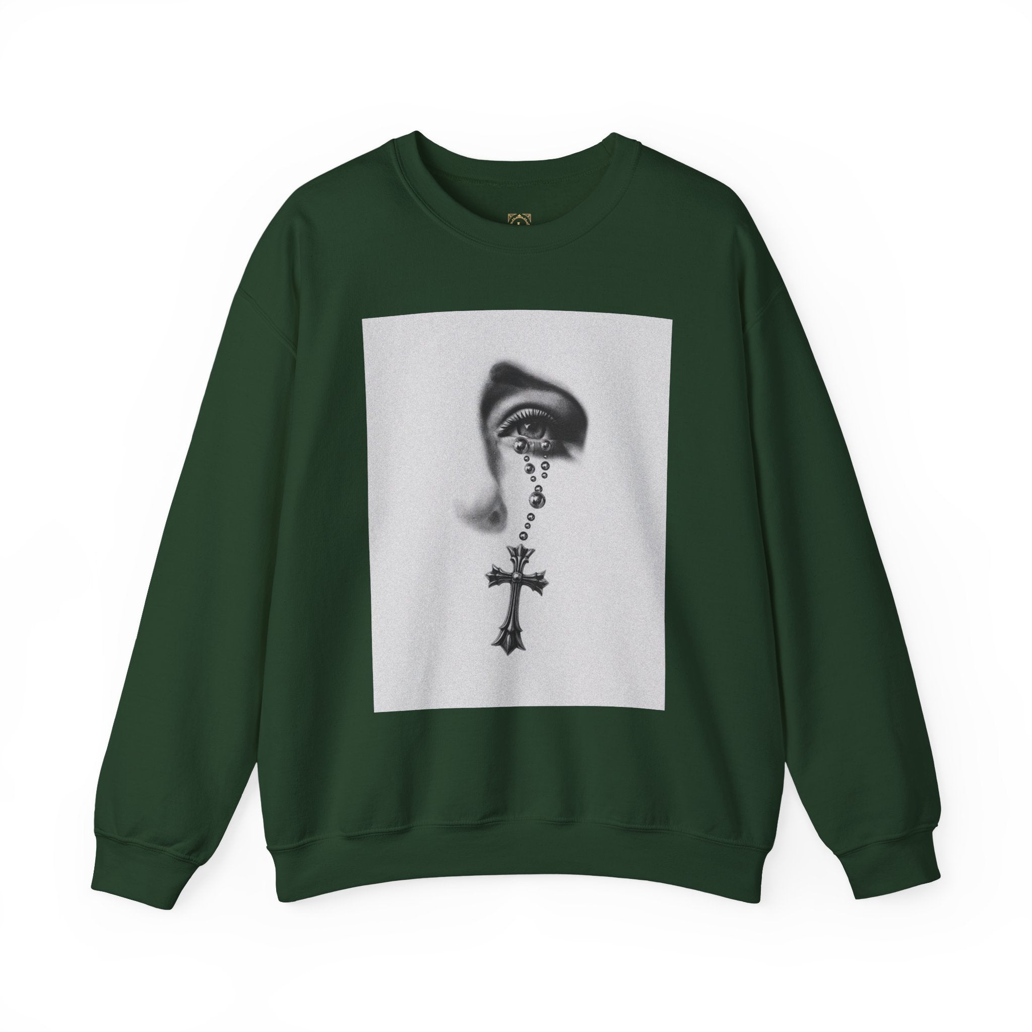 Rosary Tear Crewneck Sweatshirt — Gothic Eye & Cross Graphic