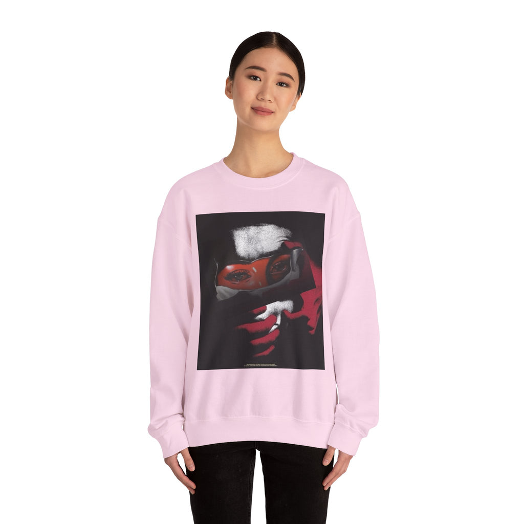 Masked Red Eyes Crewneck Sweatshirt — Graphic Streetwear with 'Legaciess' Back Logo