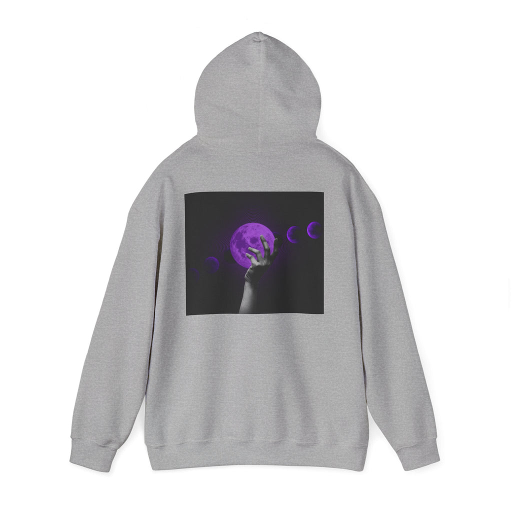 Moon Phases Hoodie — Purple Lunar Hand Graphic Pullover