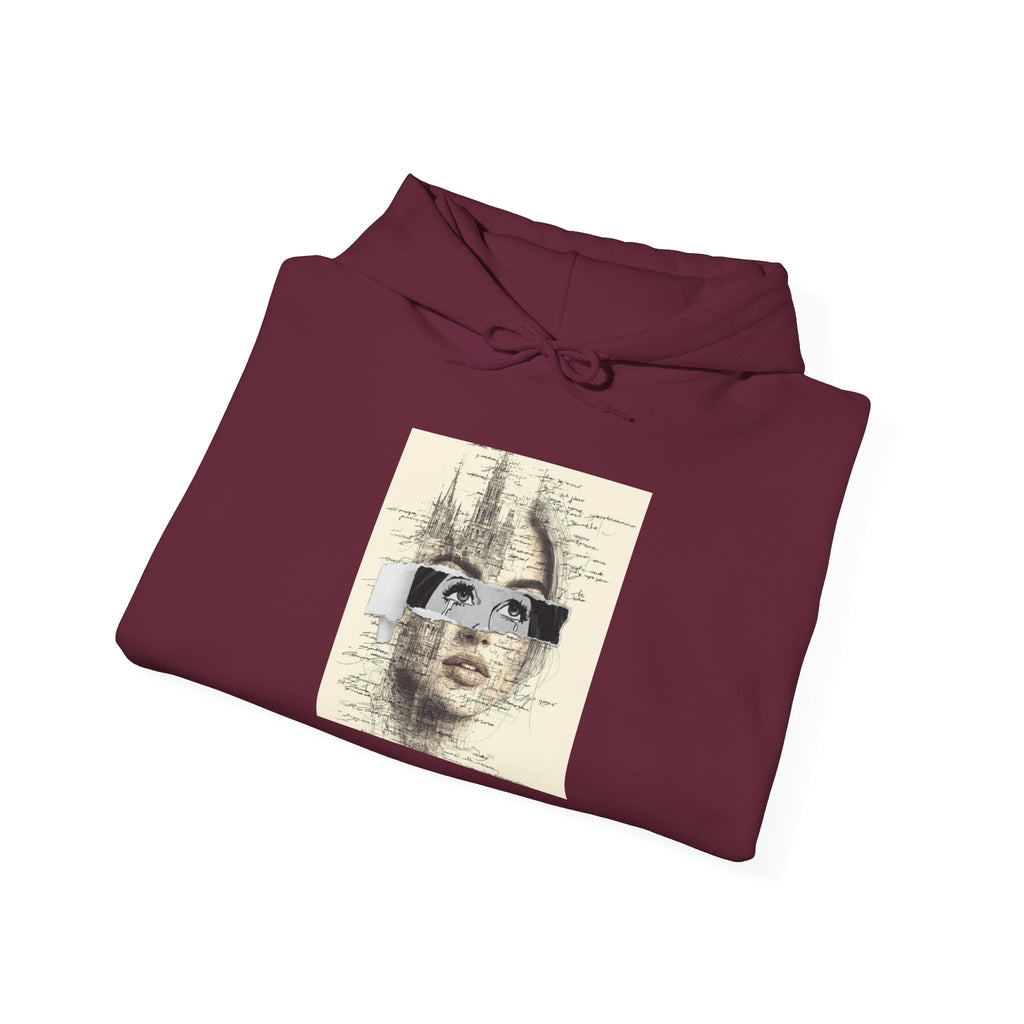 Artistic Face Collage Hoodie — Vintage Script Portrait Sweatshirt