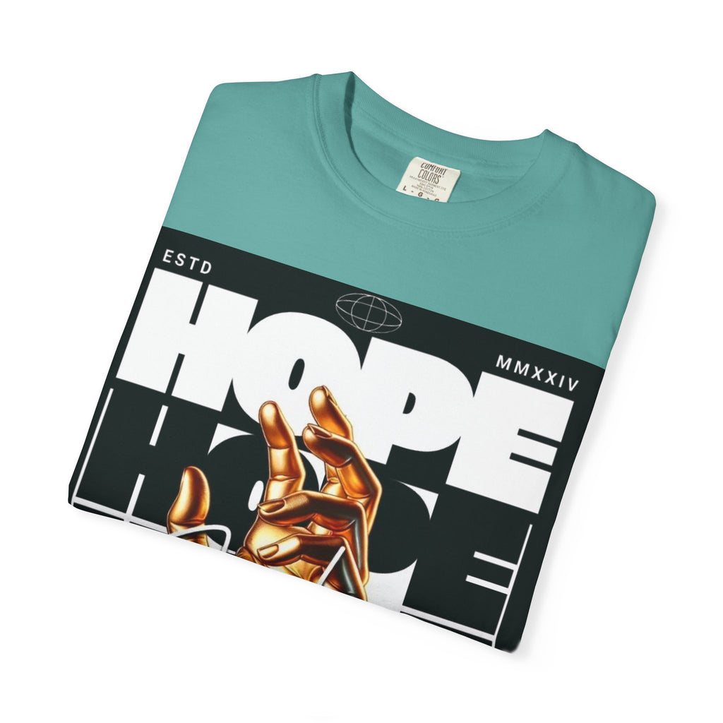 Hope Vibe Graphic T-Shirt — 'Hope for Better Days Ahead' Chest Print with Gold Hand & Back 'Legaciess' Logo