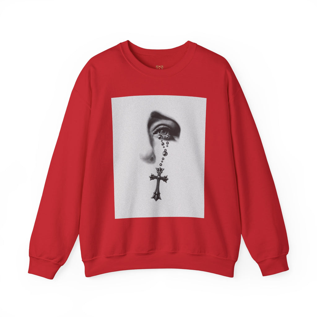 Rosary Tear Crewneck Sweatshirt — Gothic Eye & Cross Graphic