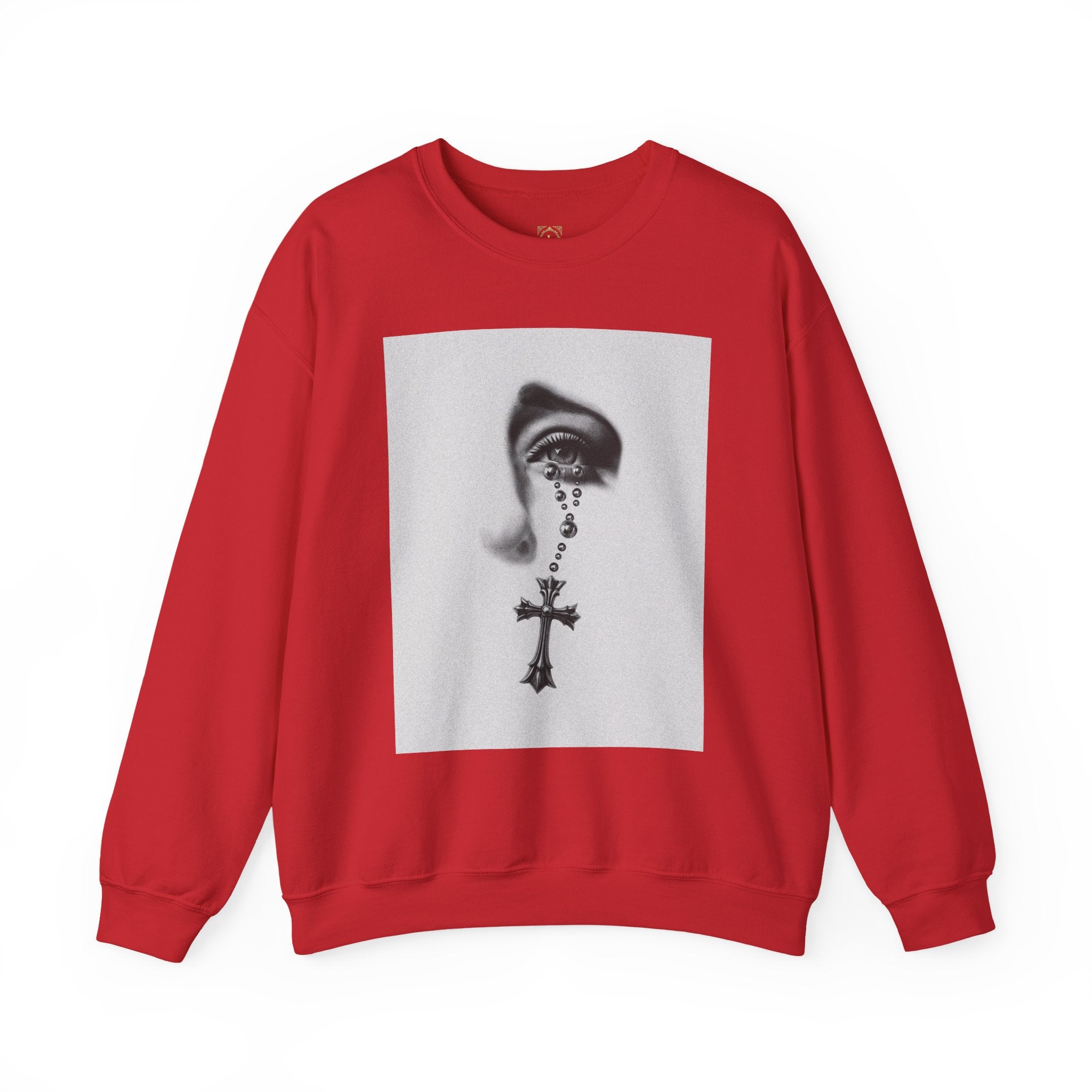 Rosary Tear Crewneck Sweatshirt — Gothic Eye & Cross Graphic