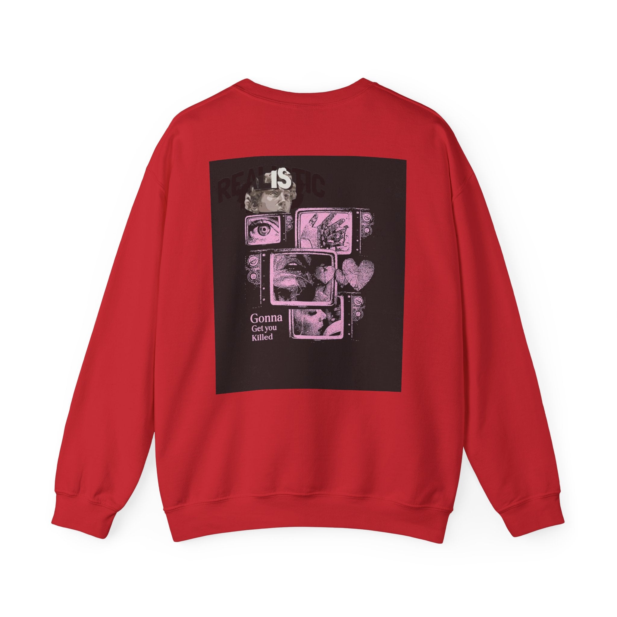 Crewneck Sweatshirt — Pink Collage Eyes Graphic “Gonna Get You, Kiddo”