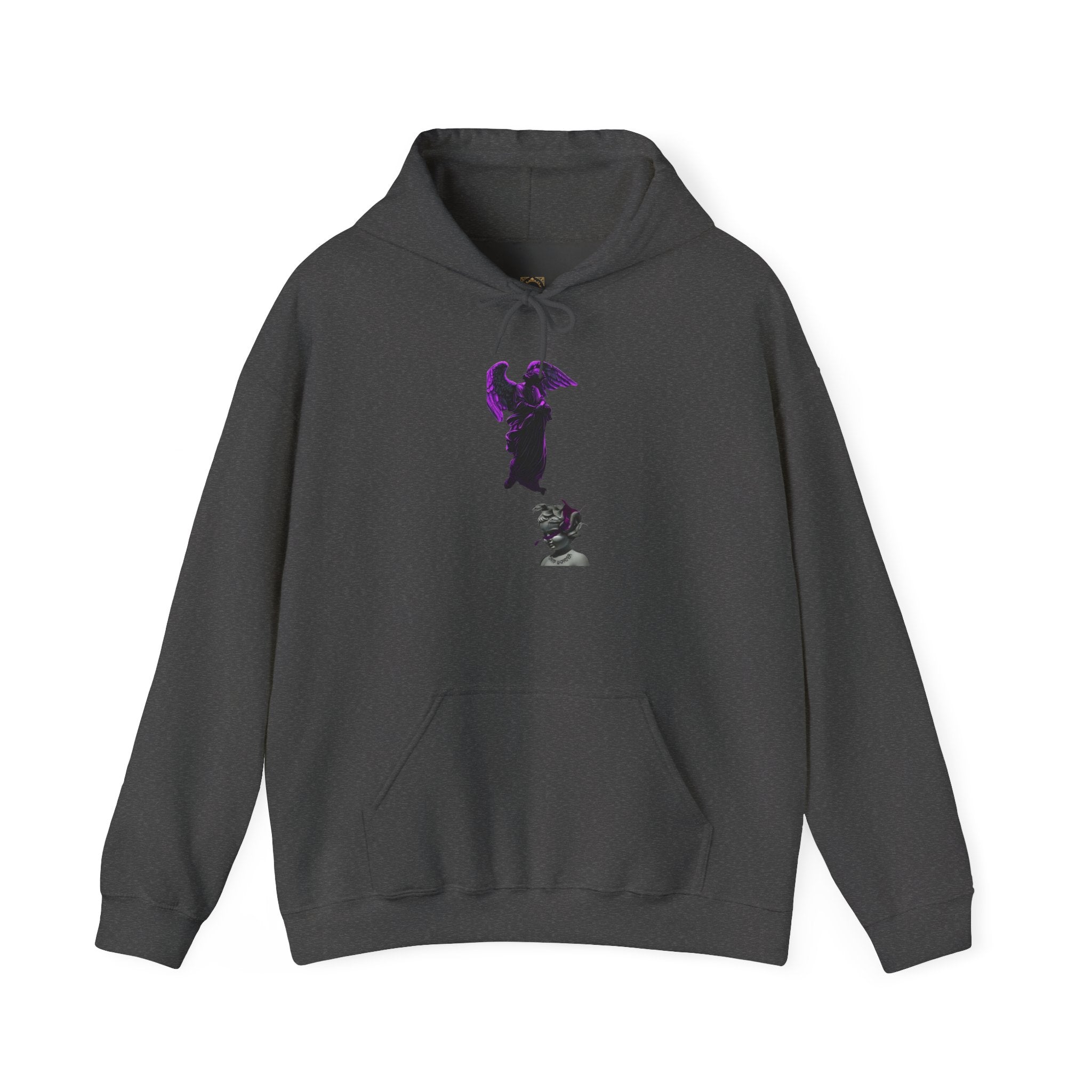 Angel Statue Hoodie — Gothic Purple Accent Sculptural Graphic Hoodie