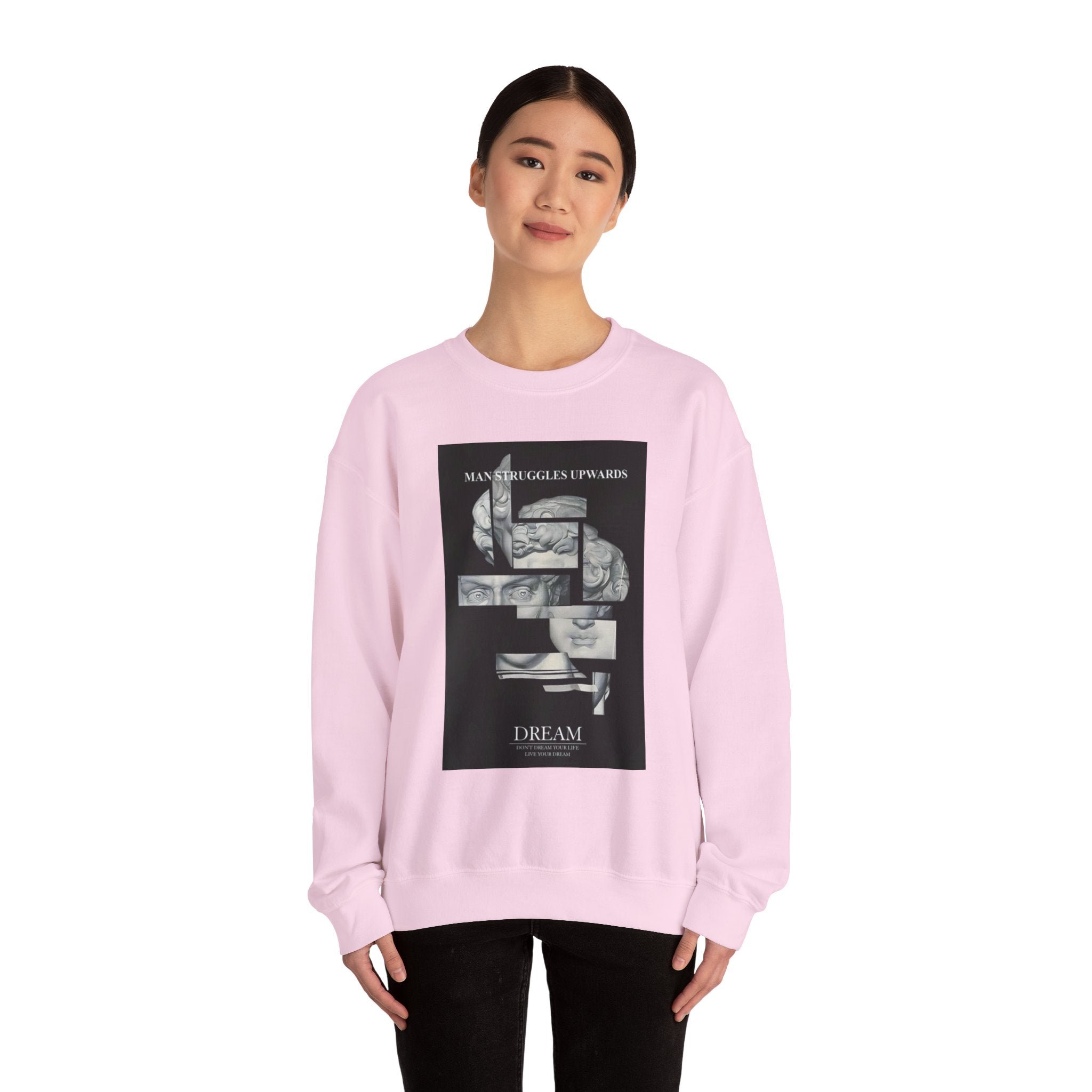 Dream Fragment Crewneck Sweatshirt — 'Man Struggles Upwards' Statue Collage