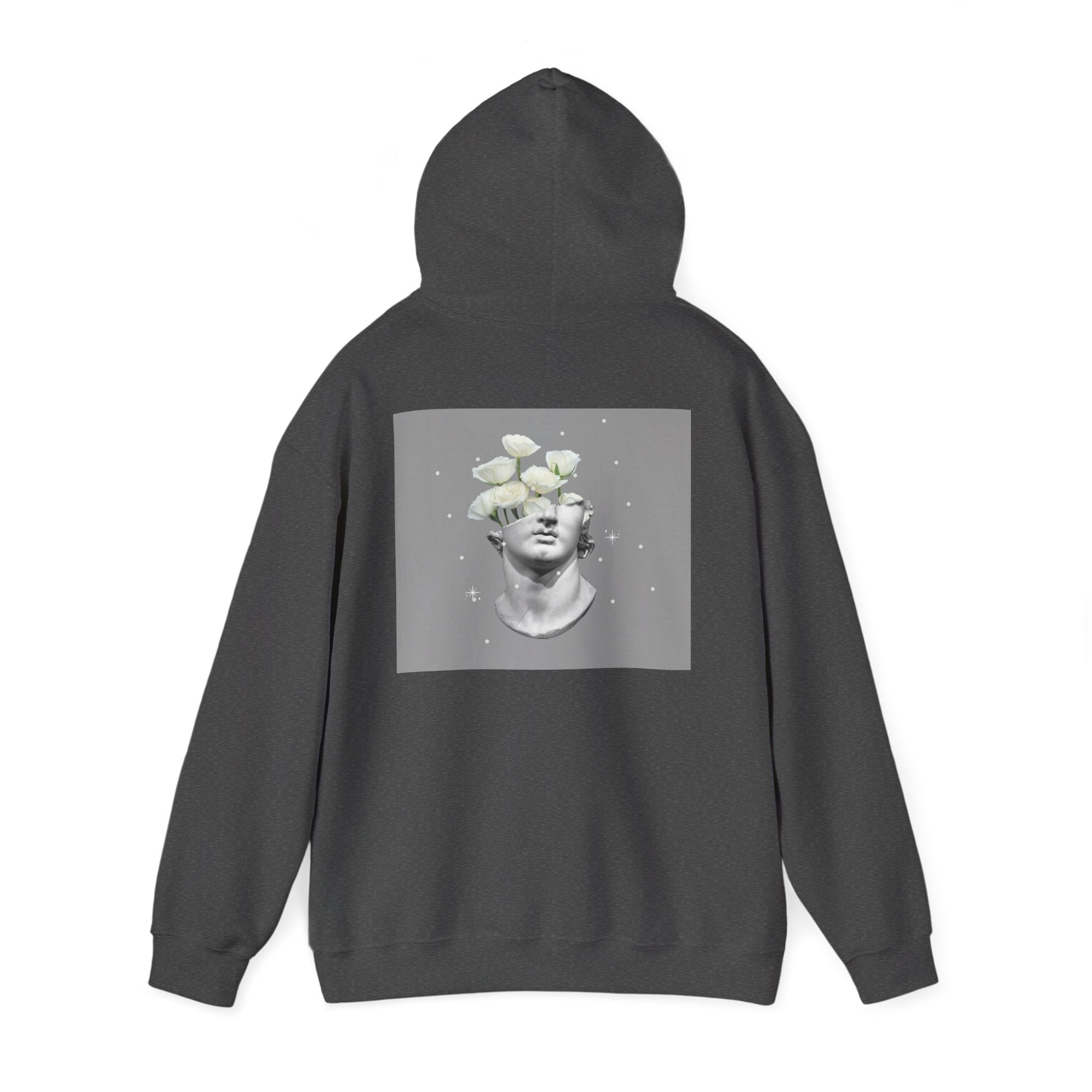 Statue Bloom Hoodie — Classical Bust with White Flowers Graphic Hoodie