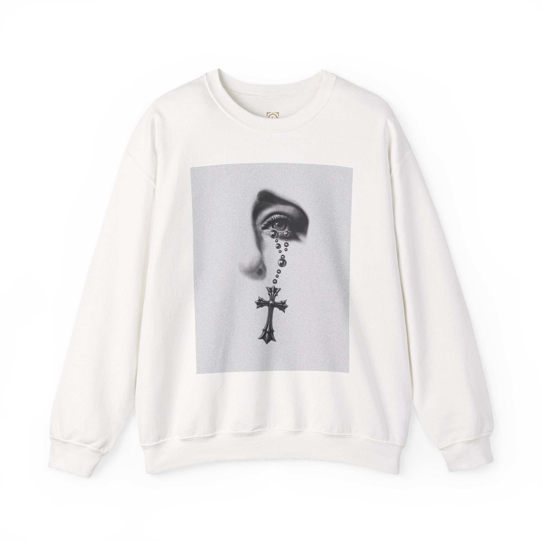 Rosary Tear Crewneck Sweatshirt — Gothic Eye & Cross Graphic