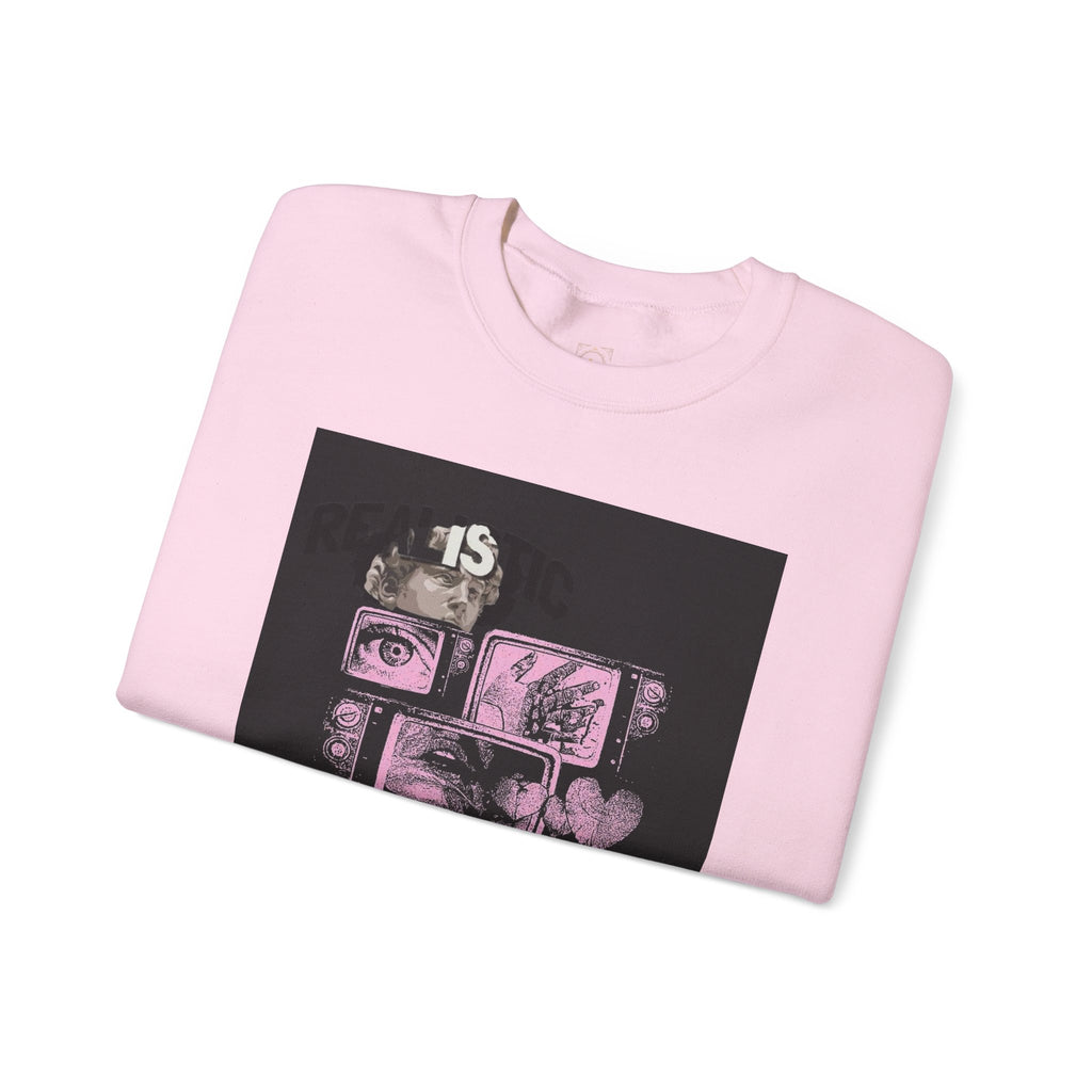 Crewneck Sweatshirt — Pink Collage Eyes Graphic “Gonna Get You, Kiddo”