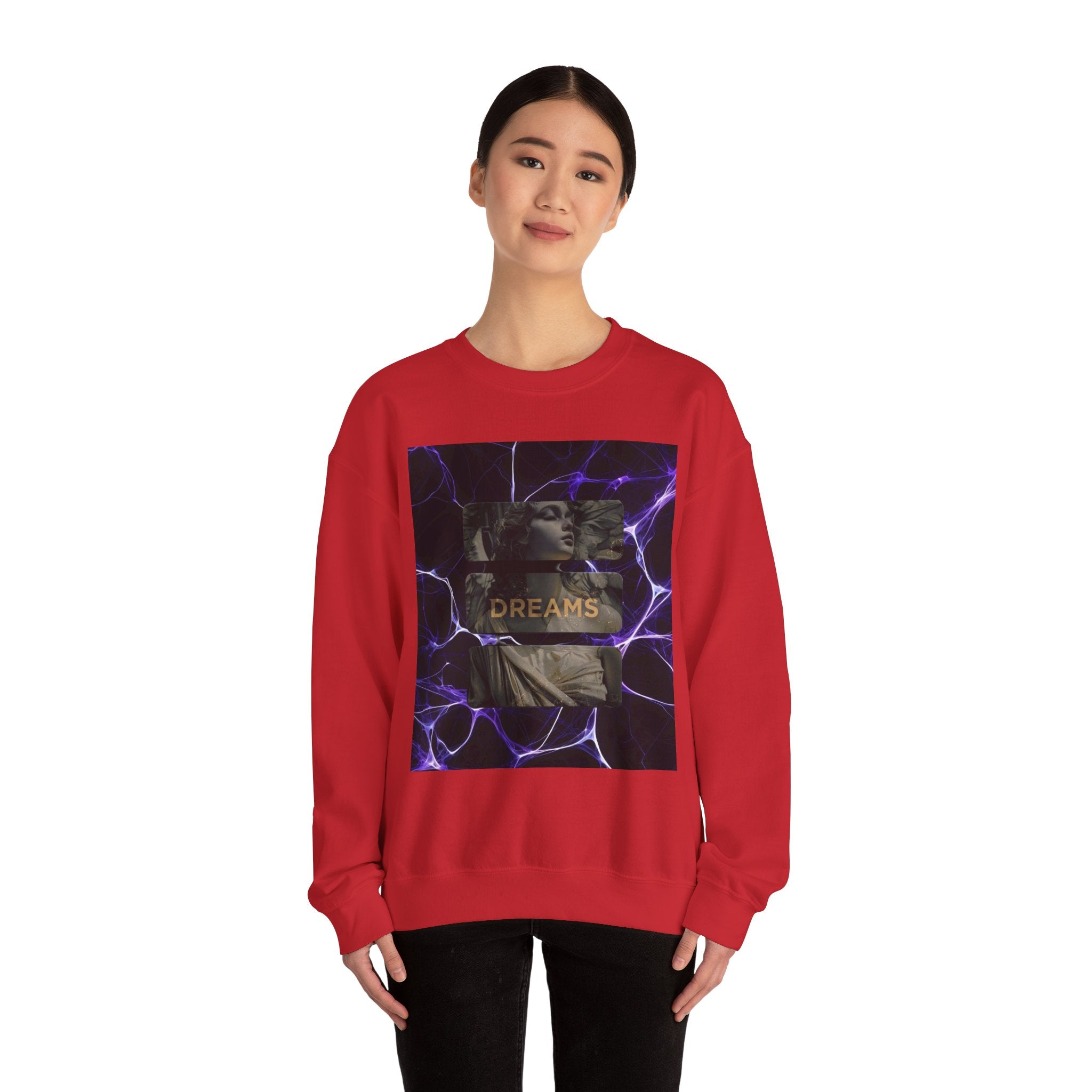 Dreams Statue Crewneck Sweatshirt — Retro Statue Graphic with Purple Lightning