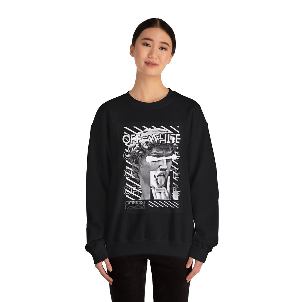 Statue Graphic Crewneck Sweatshirt — 'OFF-WHITE' Monochrome Streetwear Pullover
