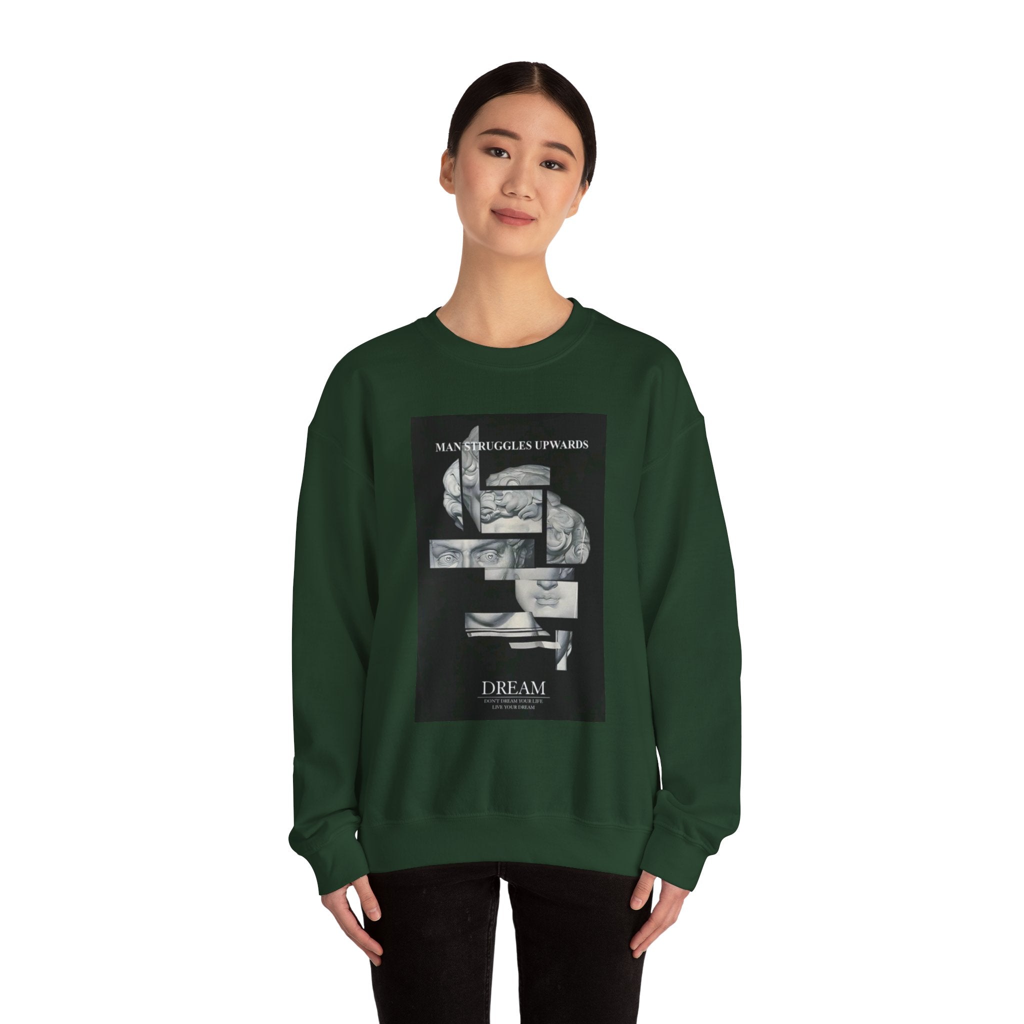 Dream Fragment Crewneck Sweatshirt — 'Man Struggles Upwards' Statue Collage