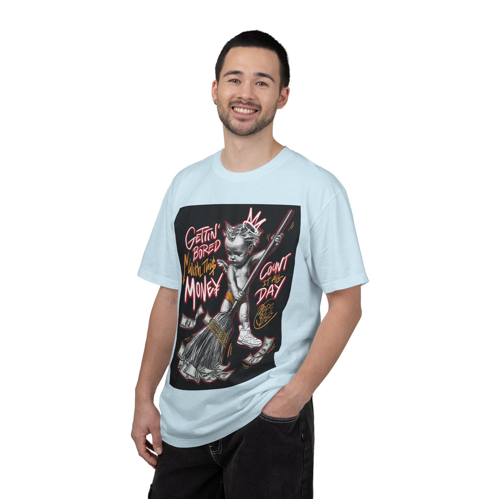 Cat Broomstick Money Tee — "Gettin' Bored With This Money" Graphic T-Shirt