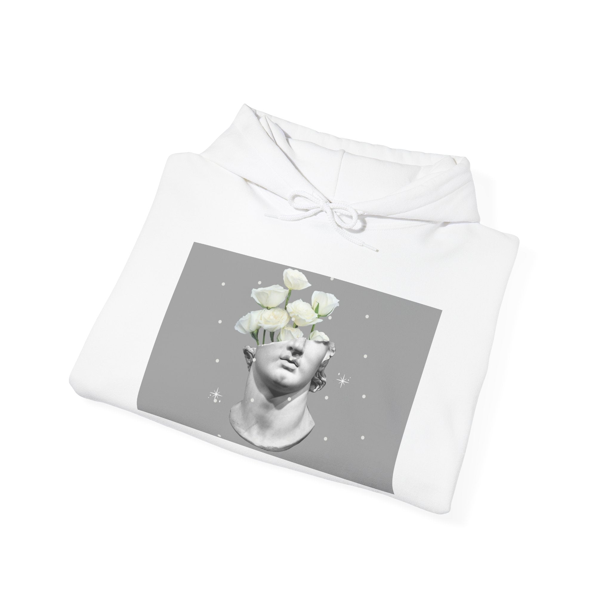 Statue Bloom Hoodie — Classical Bust with White Flowers Graphic Hoodie