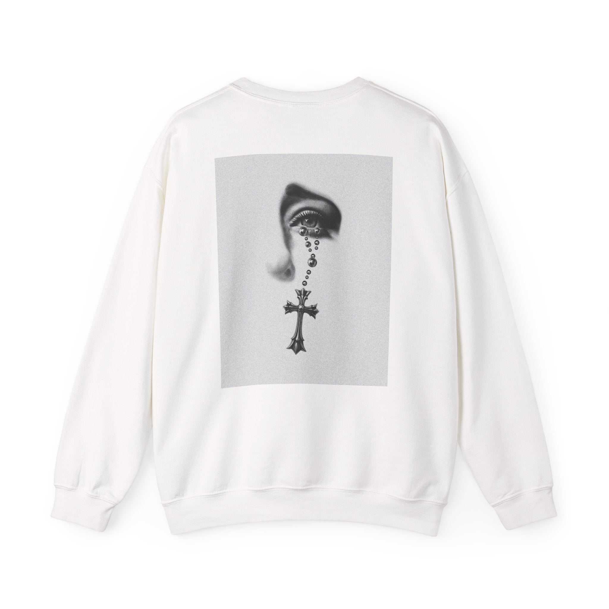 Rosary Tear Crewneck Sweatshirt — Gothic Eye & Cross Graphic