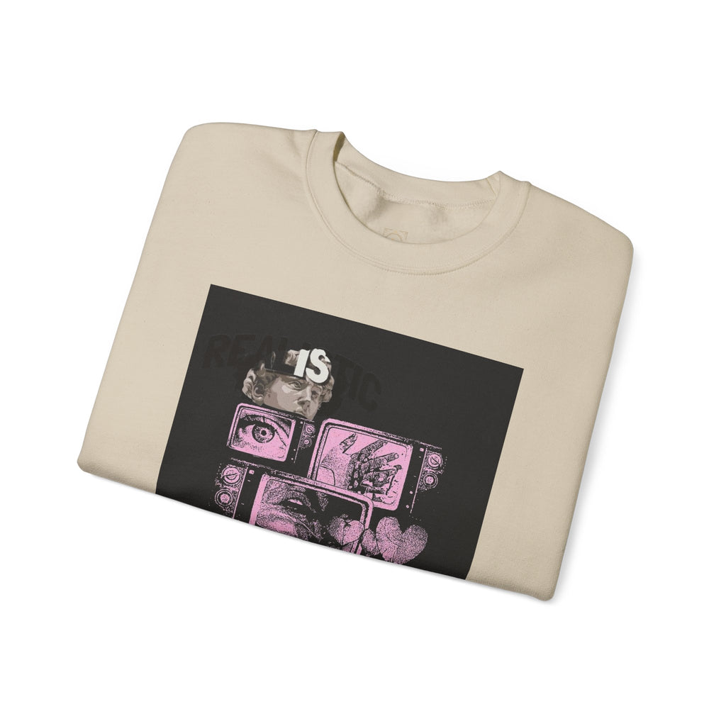 Crewneck Sweatshirt — Pink Collage Eyes Graphic “Gonna Get You, Kiddo”
