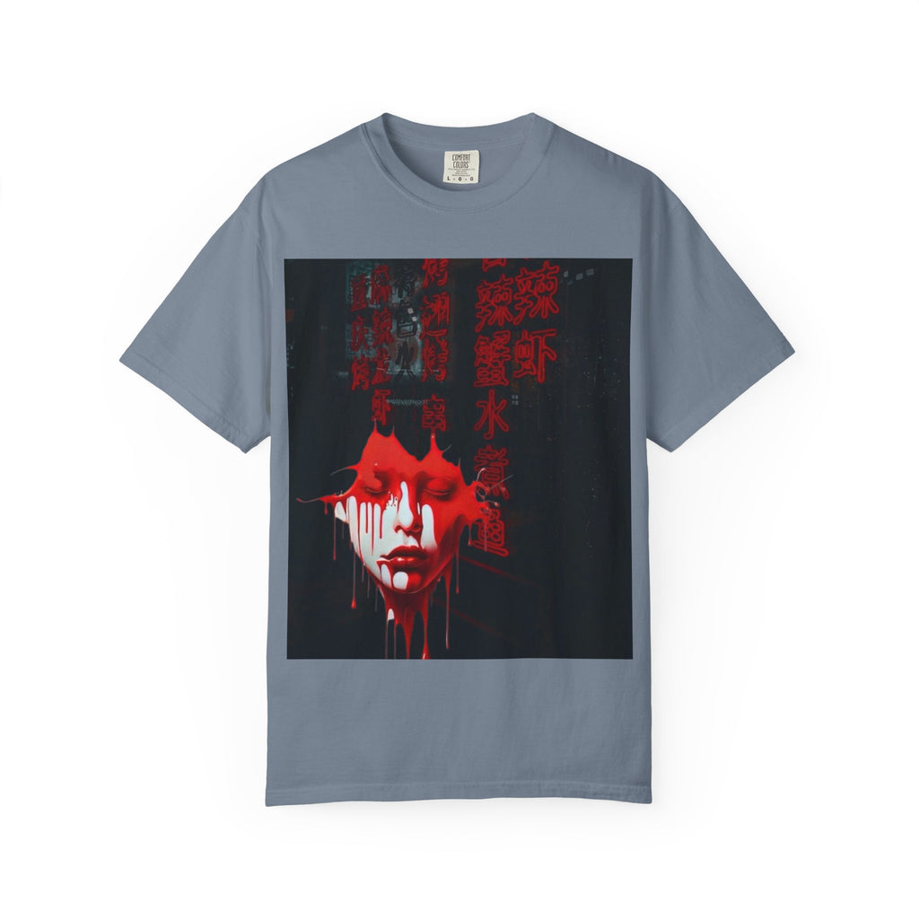 Horror Portrait Tee — Dripping Red Face with Japanese Script Graphic