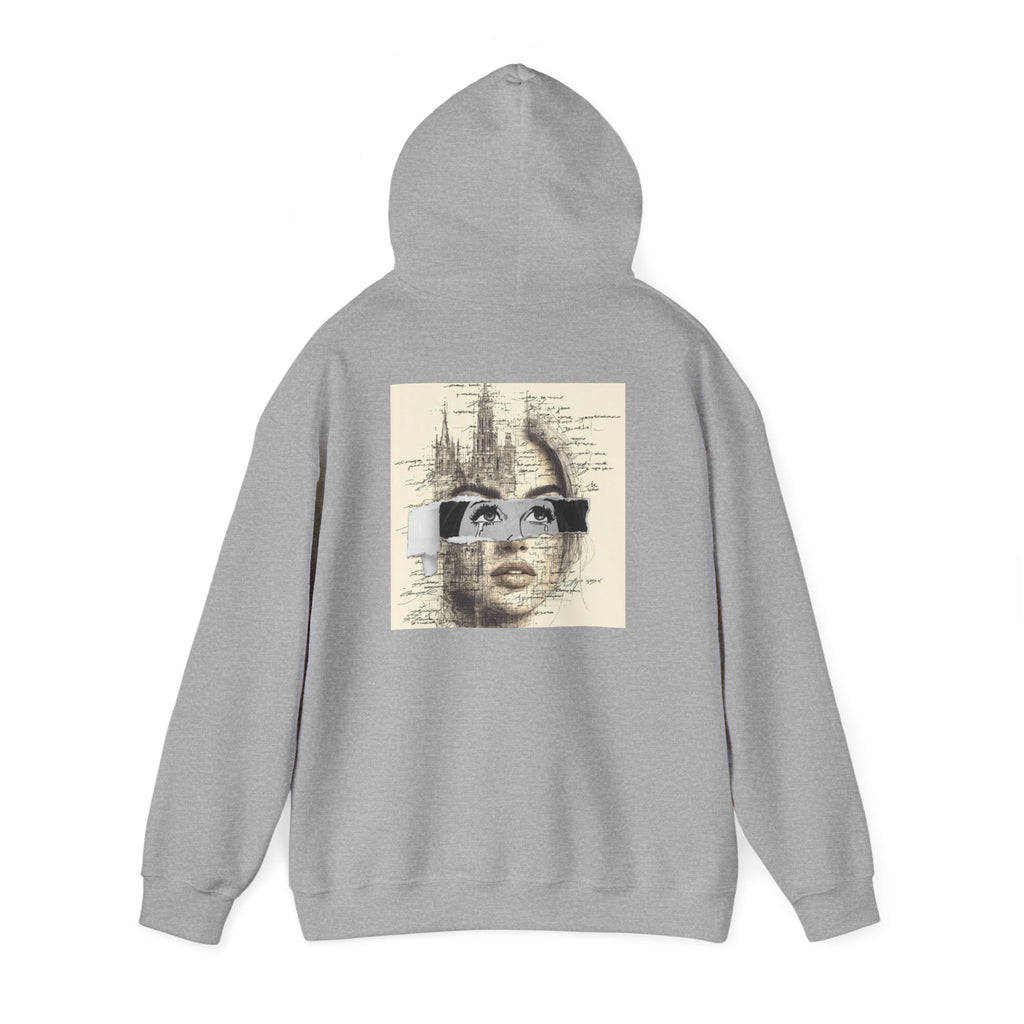 Artistic Face Collage Hoodie — Vintage Script Portrait Sweatshirt
