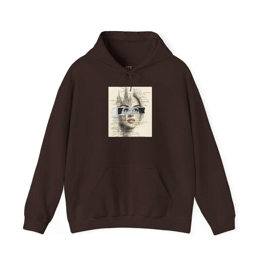Artistic Face Collage Hoodie — Vintage Script Portrait Sweatshirt