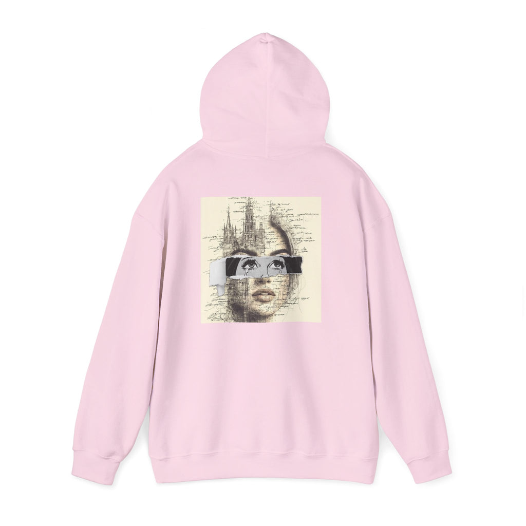Artistic Face Collage Hoodie — Vintage Script Portrait Sweatshirt