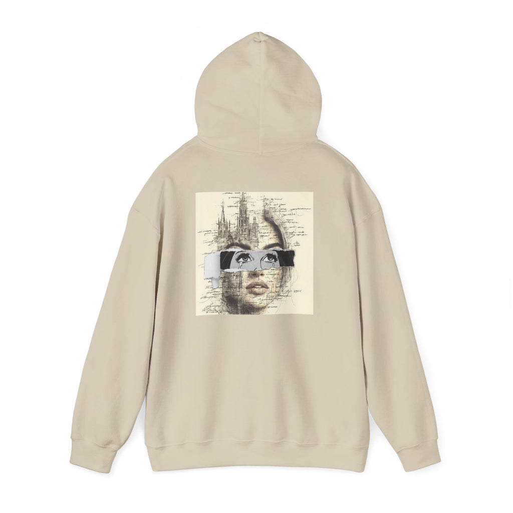 Artistic Face Collage Hoodie — Vintage Script Portrait Sweatshirt