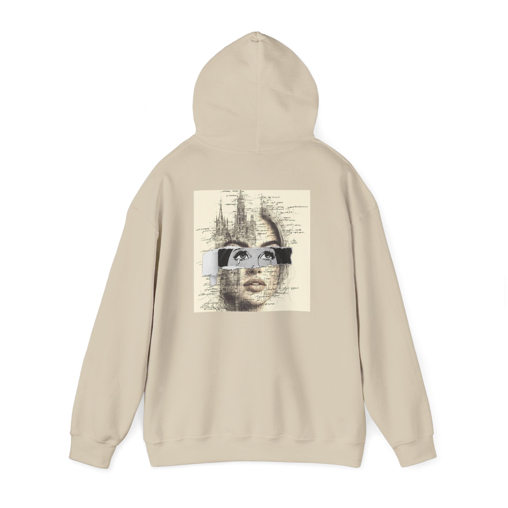 Artistic Face Collage Hoodie — Vintage Script Portrait Sweatshirt