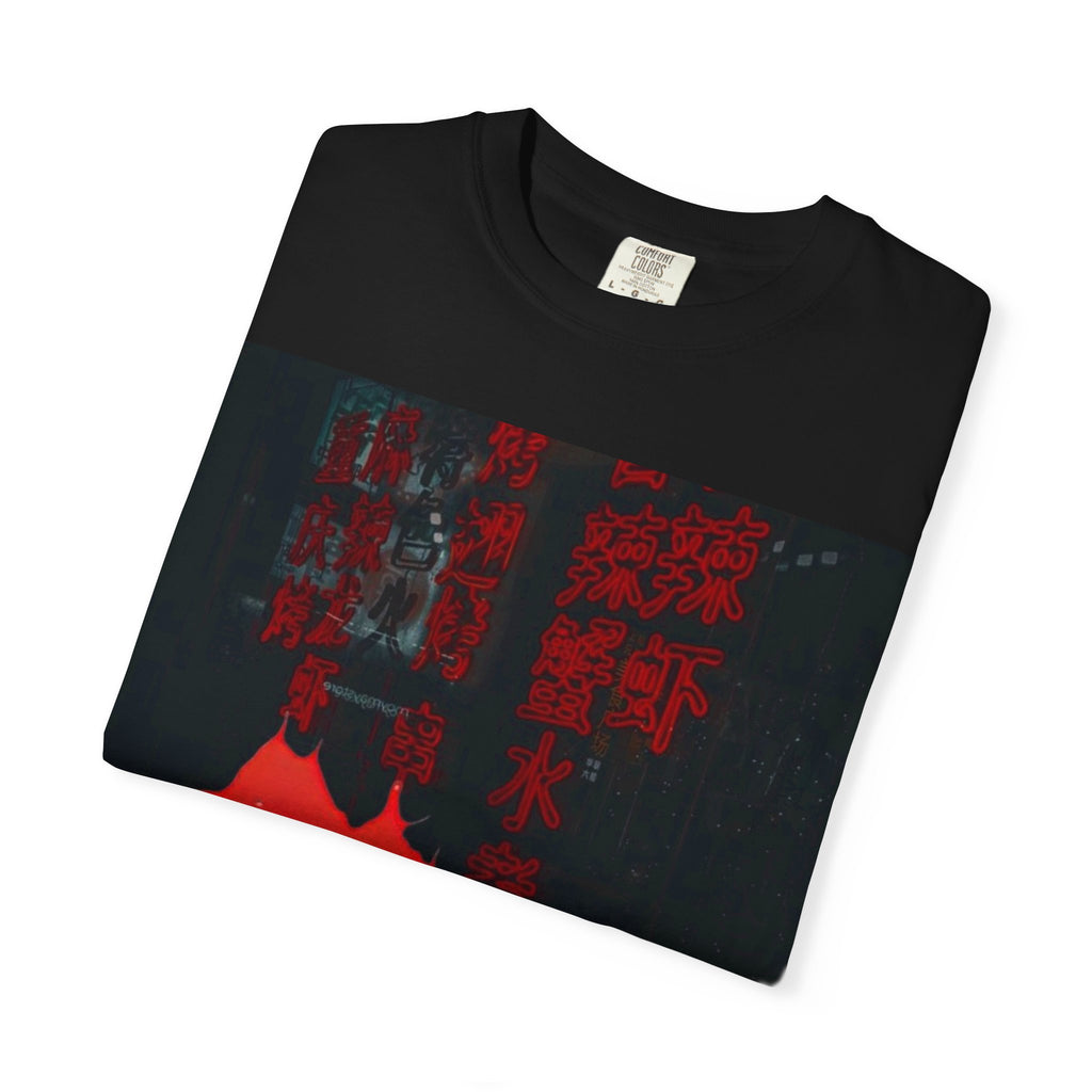 Horror Portrait Tee — Dripping Red Face with Japanese Script Graphic