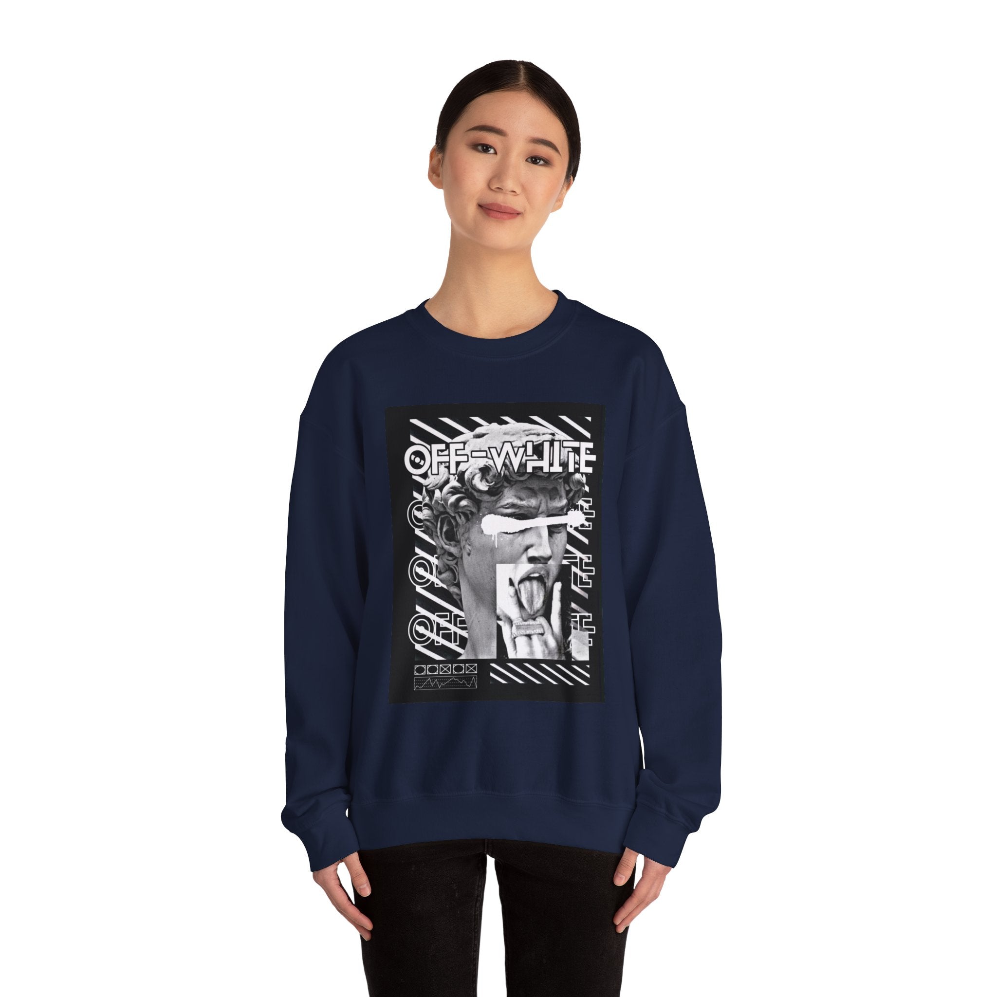 Statue Graphic Crewneck Sweatshirt — 'OFF-WHITE' Monochrome Streetwear Pullover