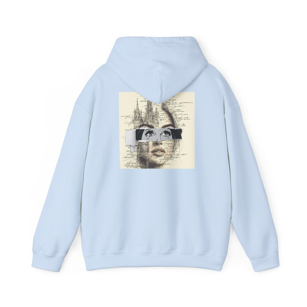 Artistic Face Collage Hoodie — Vintage Script Portrait Sweatshirt
