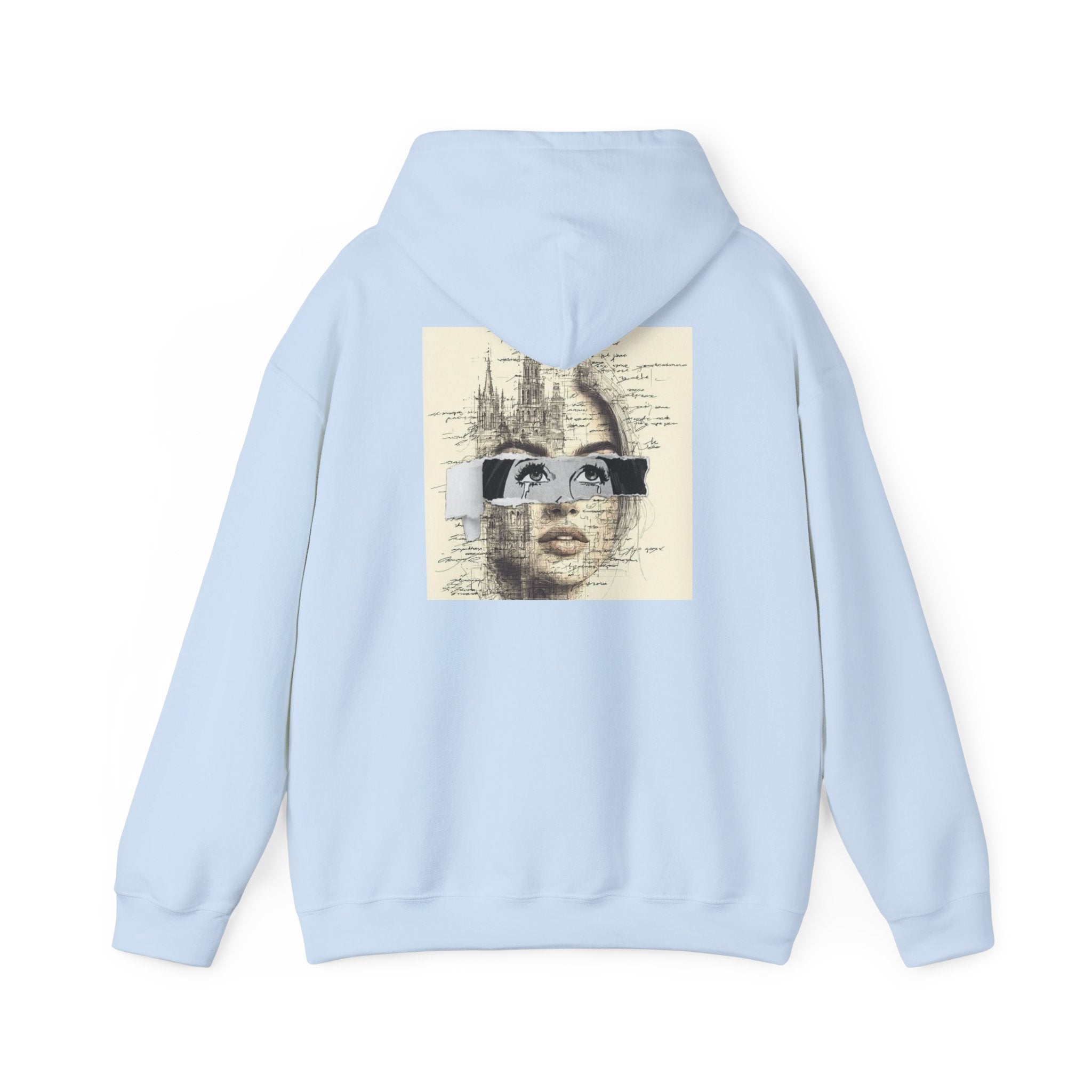 Artistic Face Collage Hoodie — Vintage Script Portrait Sweatshirt