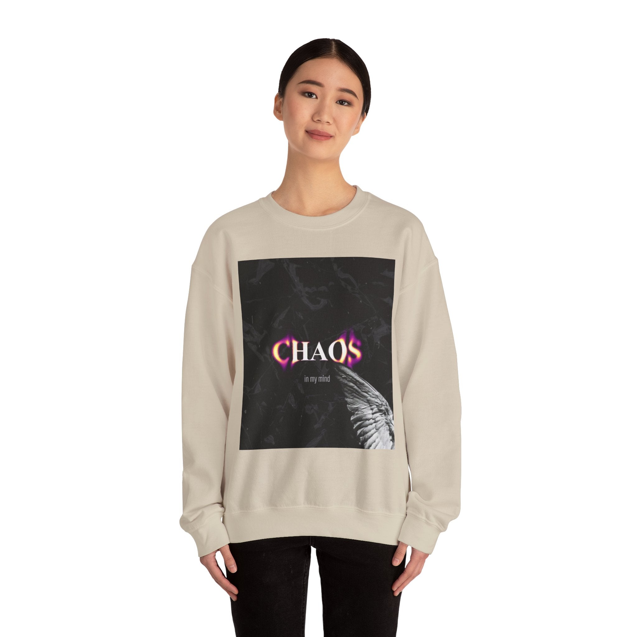 Chaos Graphic Crewneck Sweatshirt — "CHAOS in my mind" Gothic Wing Design