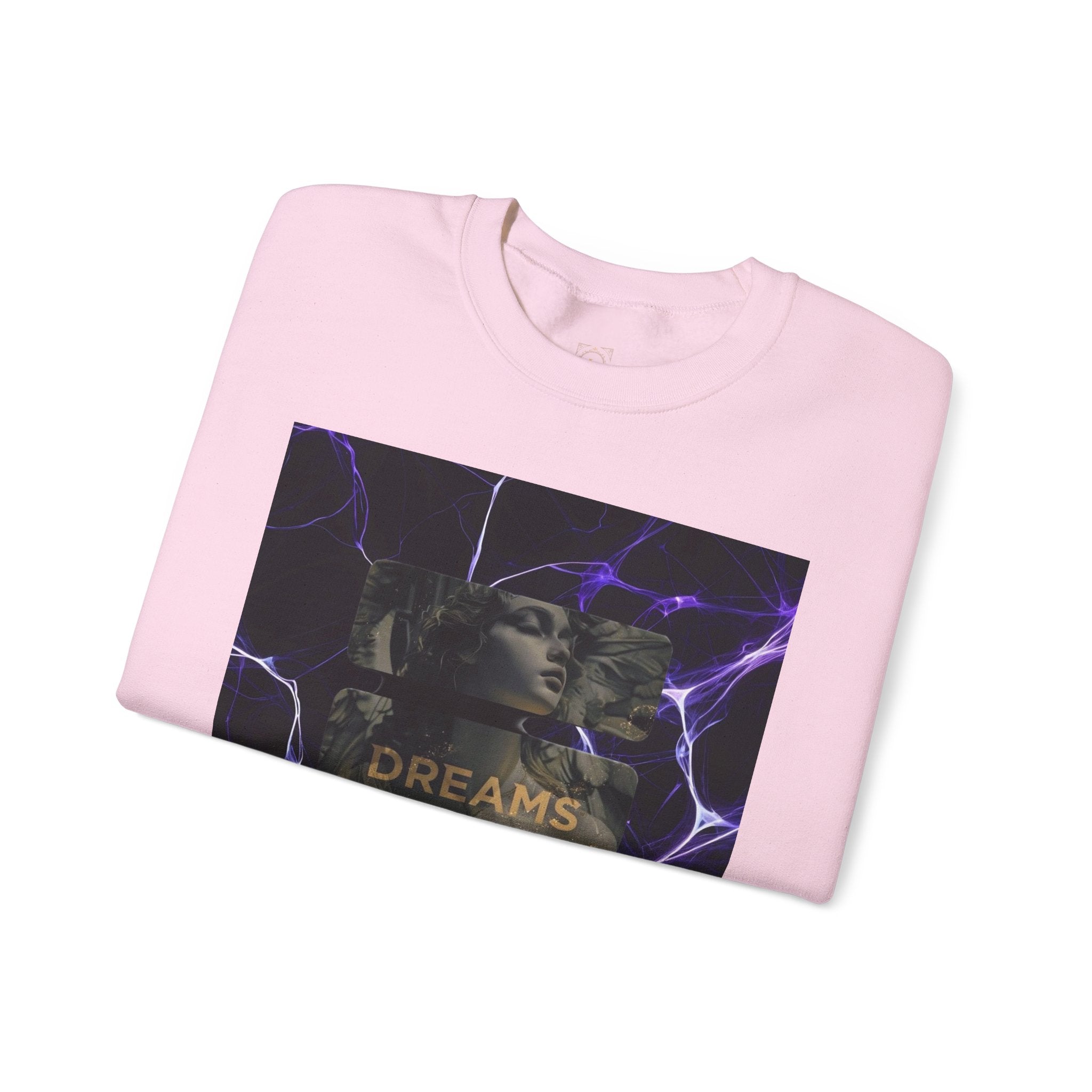 Dreams Statue Crewneck Sweatshirt — Retro Statue Graphic with Purple Lightning