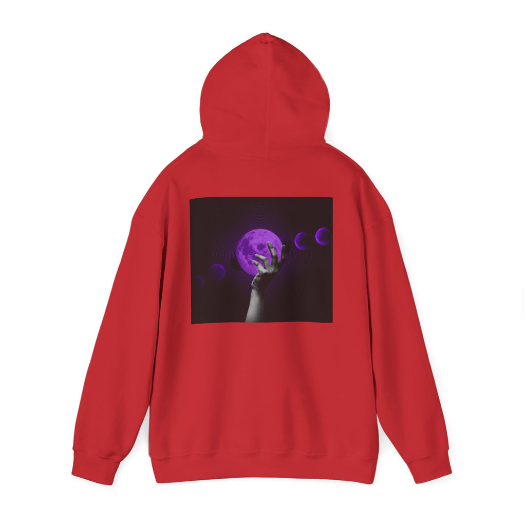 Moon Phases Hoodie — Purple Lunar Hand Graphic Pullover