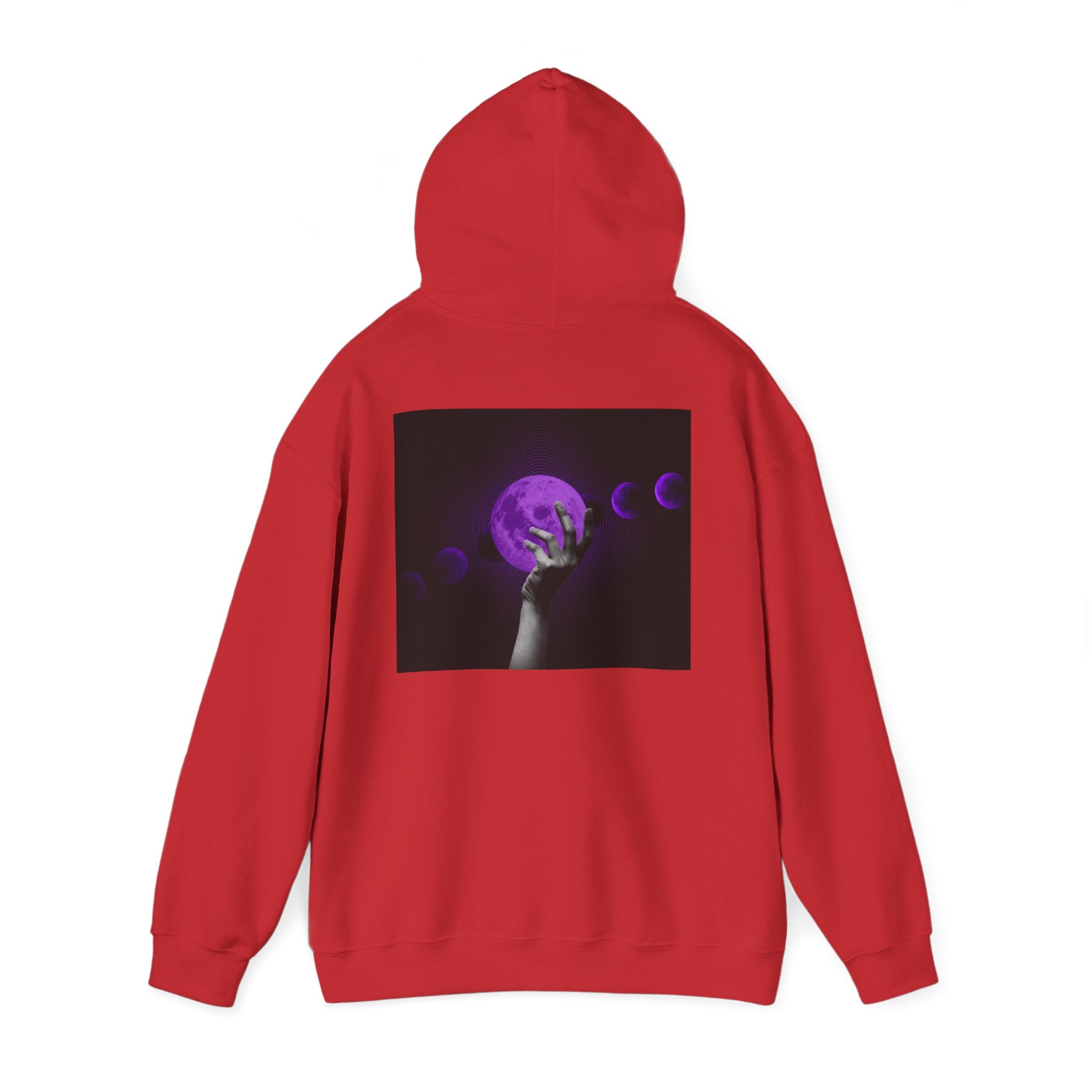 Moon Phases Hoodie — Purple Lunar Hand Graphic Pullover