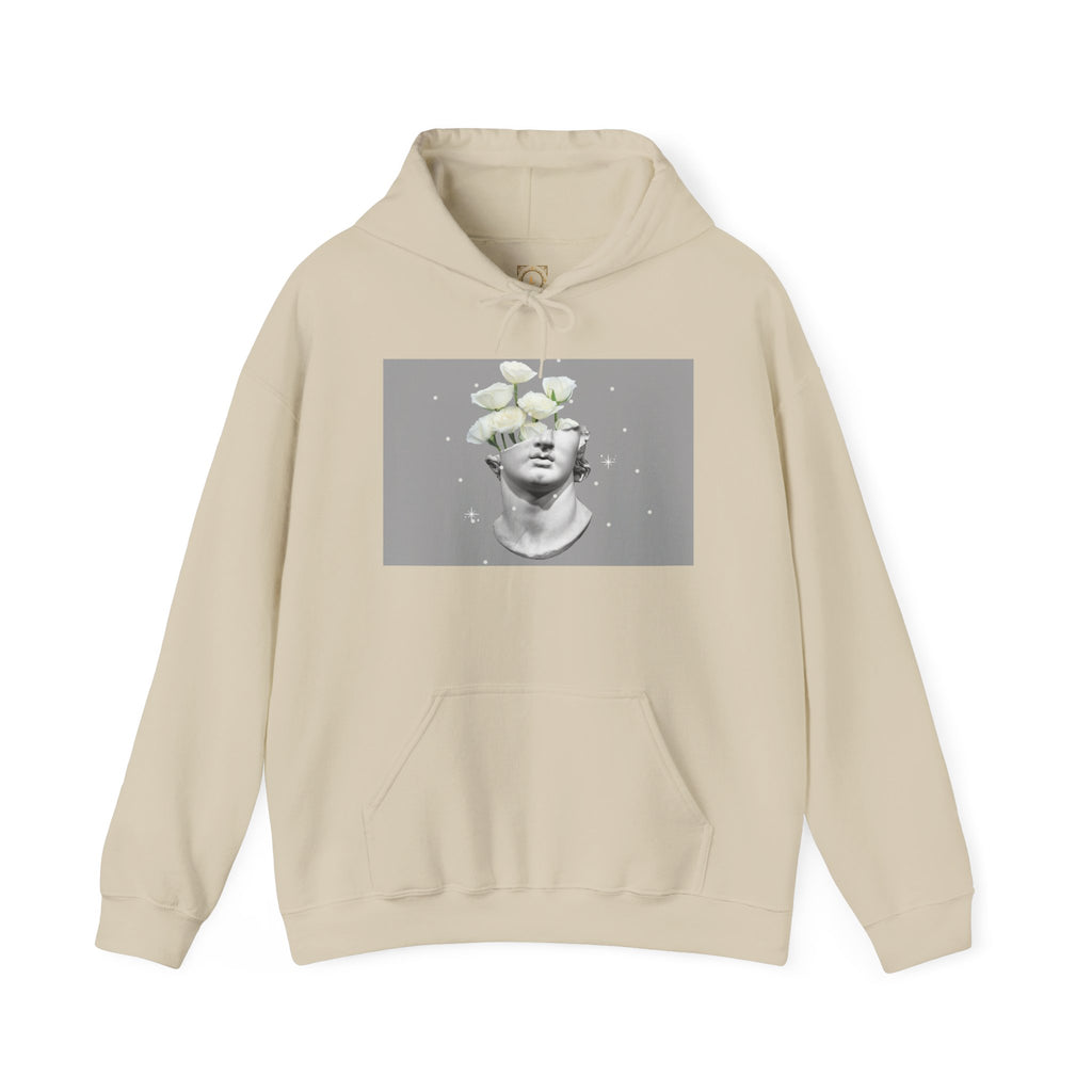 Statue Bloom Hoodie — Classical Bust with White Flowers Graphic Hoodie