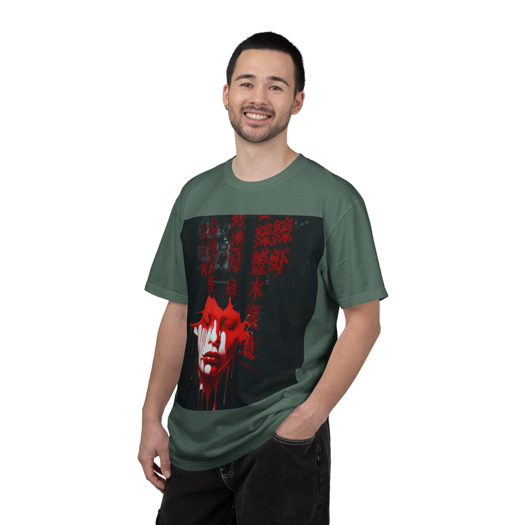 Horror Portrait Tee — Dripping Red Face with Japanese Script Graphic