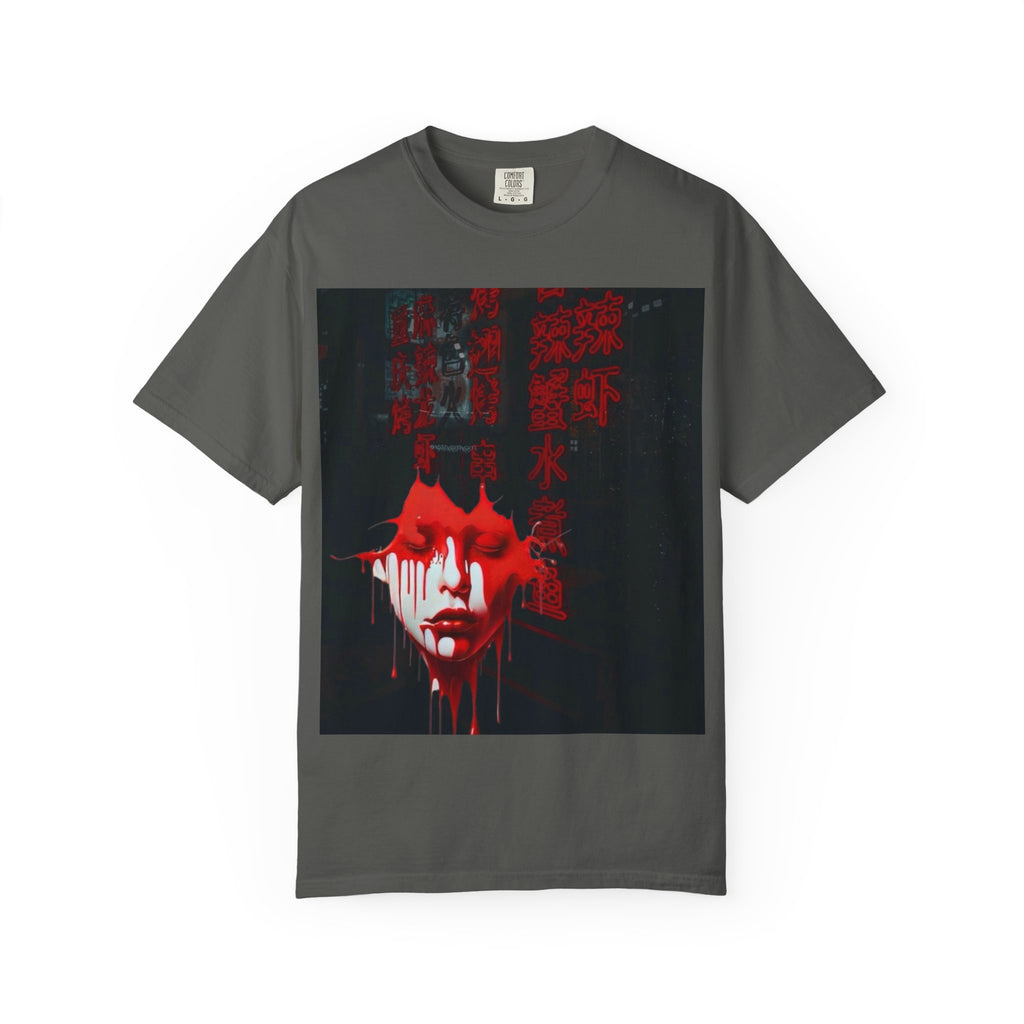 Horror Portrait Tee — Dripping Red Face with Japanese Script Graphic