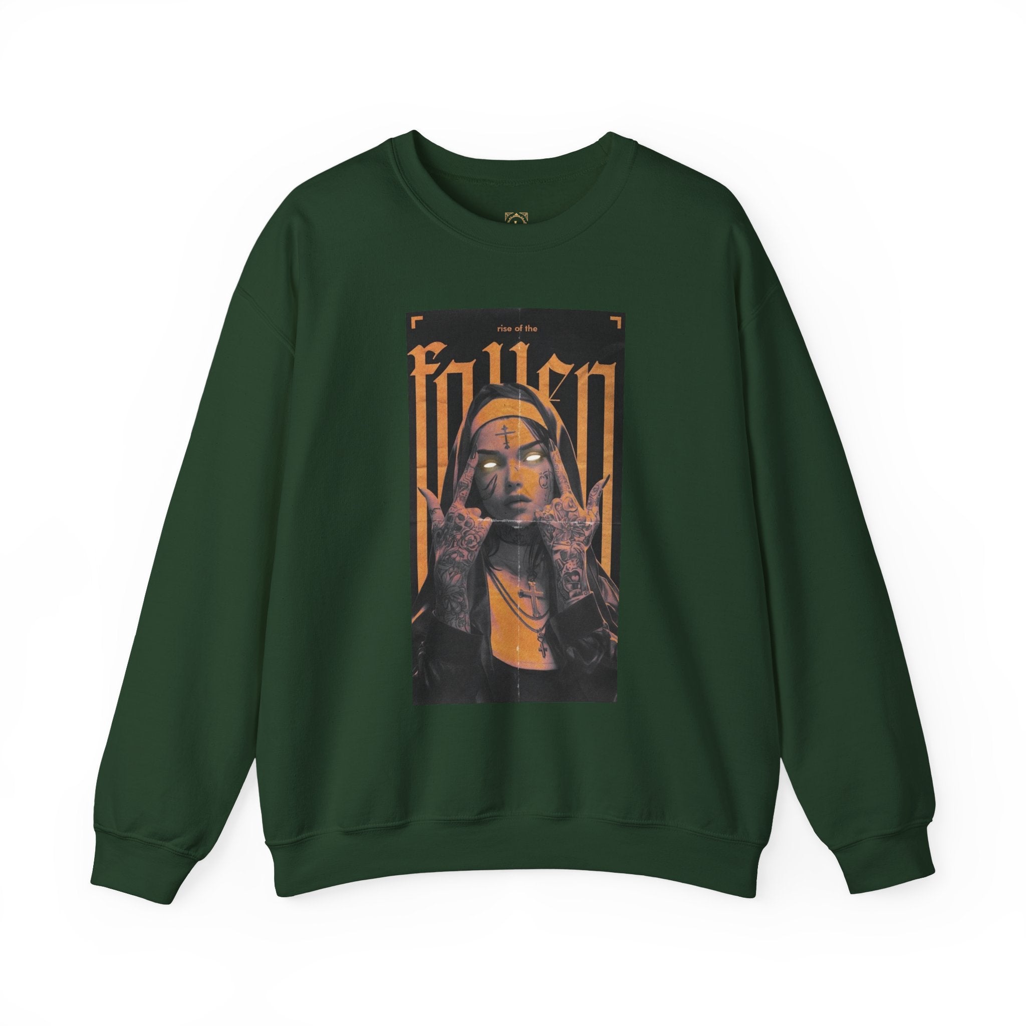 Fallen Gothic Crewneck Sweatshirt — Dark Tattooed Nun Graphic