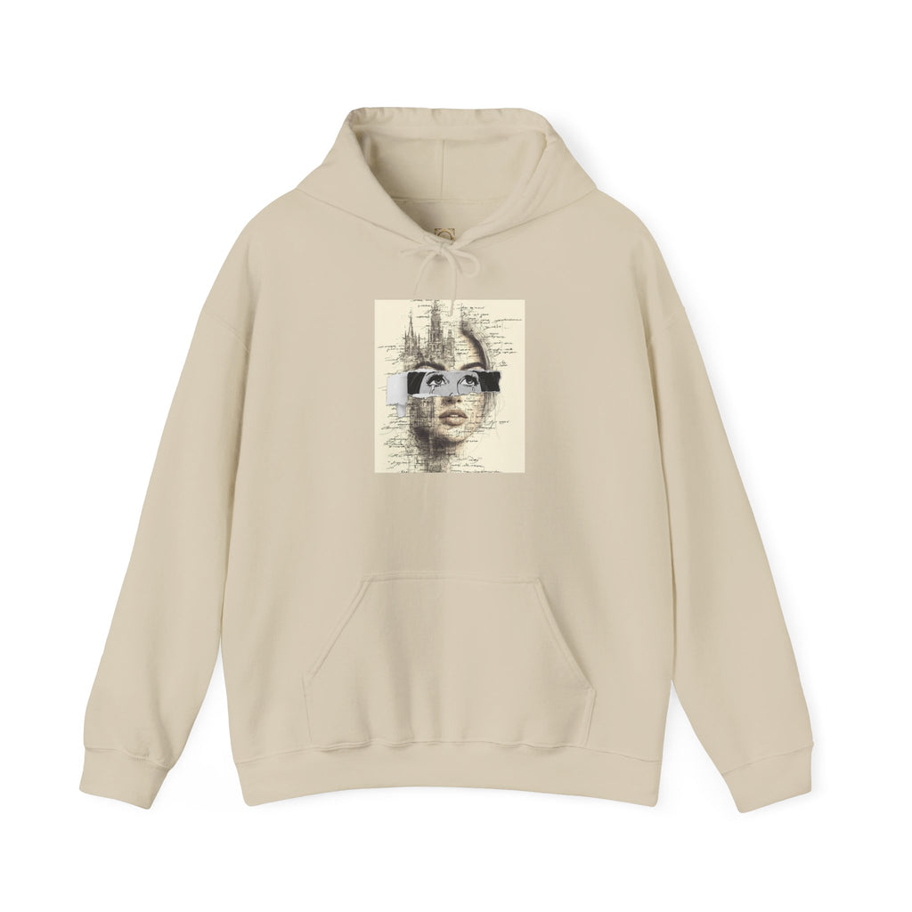 Artistic Face Collage Hoodie — Vintage Script Portrait Sweatshirt
