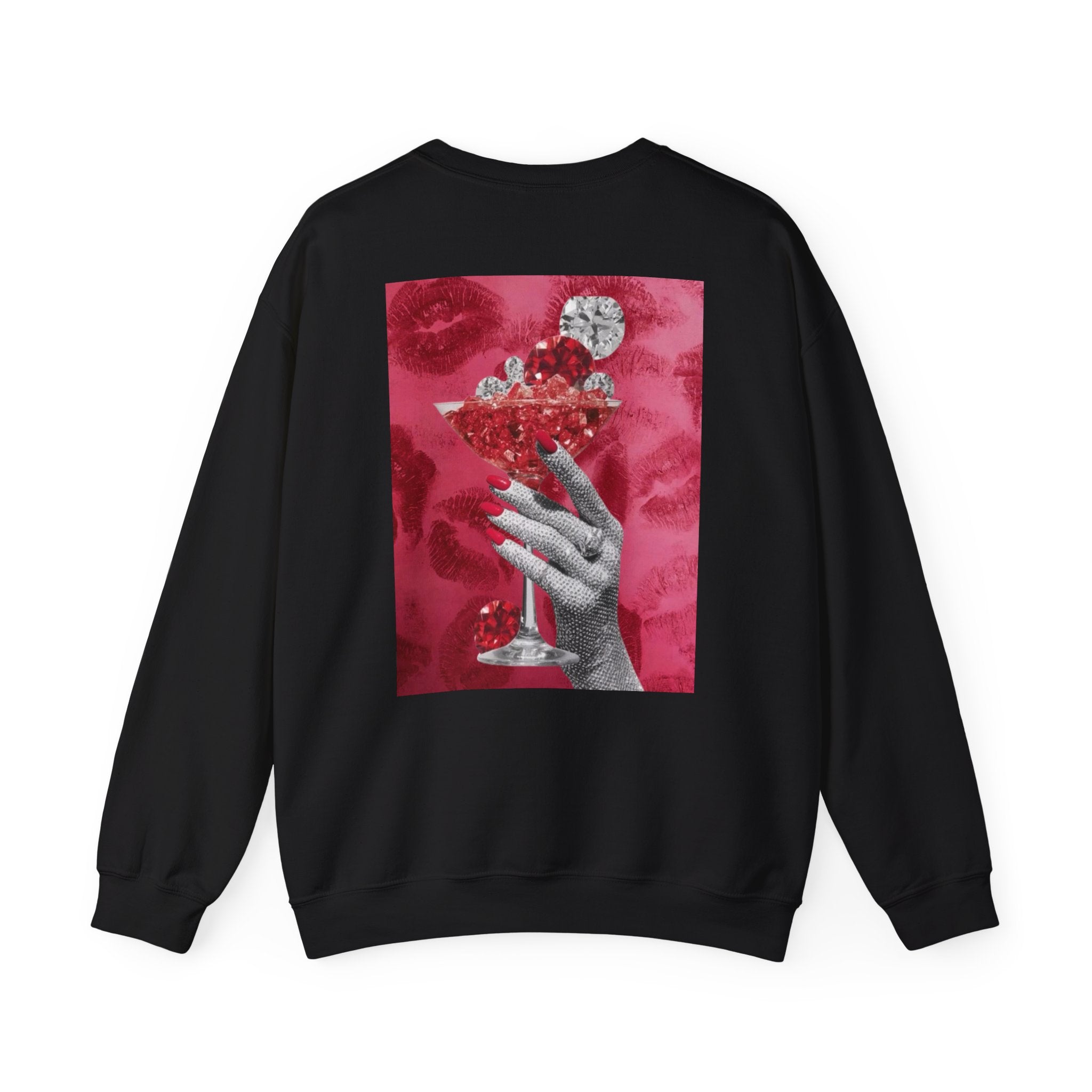 Crewneck Sweatshirt — Glamorous Red Cocktail Collage (Hand Holding Glass, Lip Print)