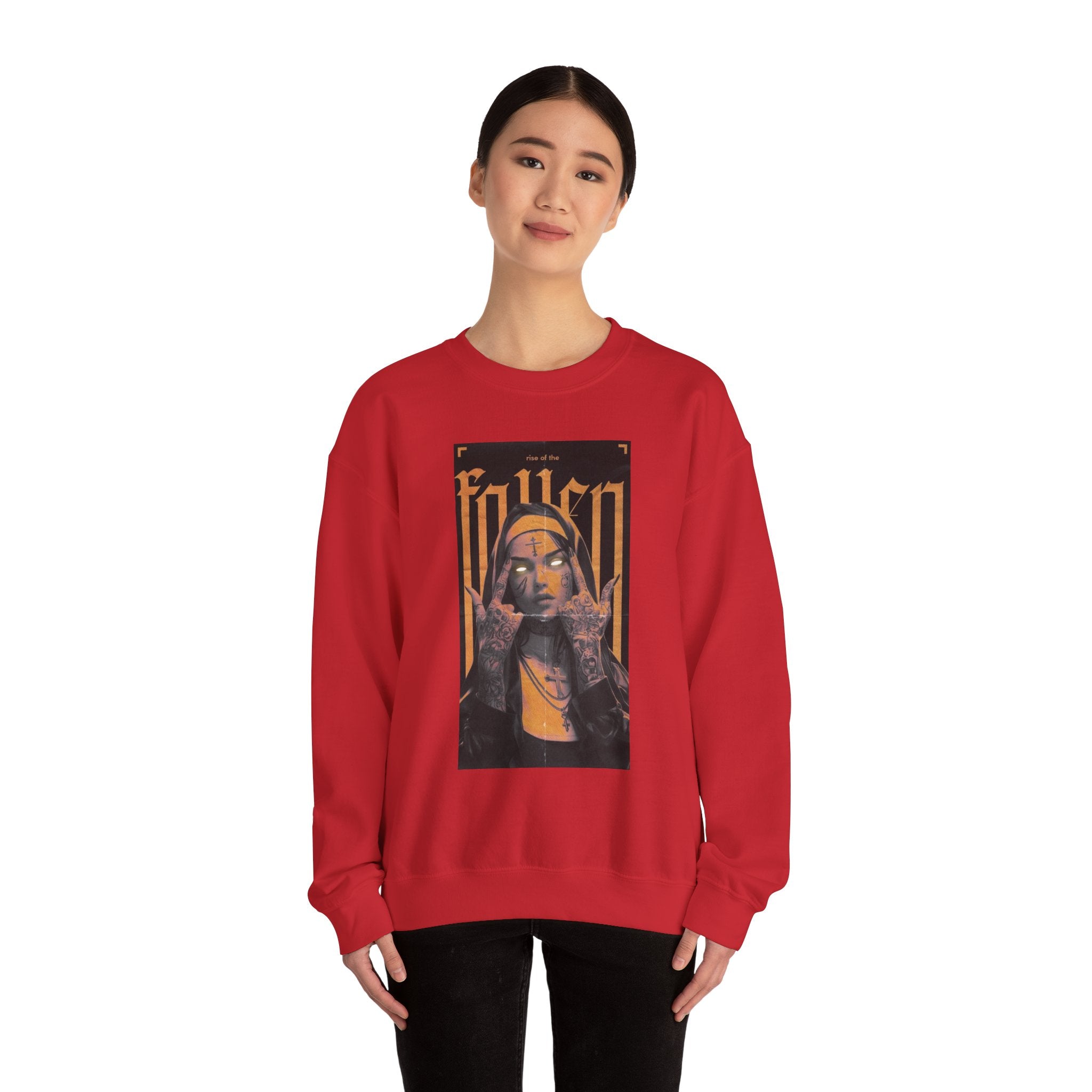 Fallen Gothic Crewneck Sweatshirt — Dark Tattooed Nun Graphic