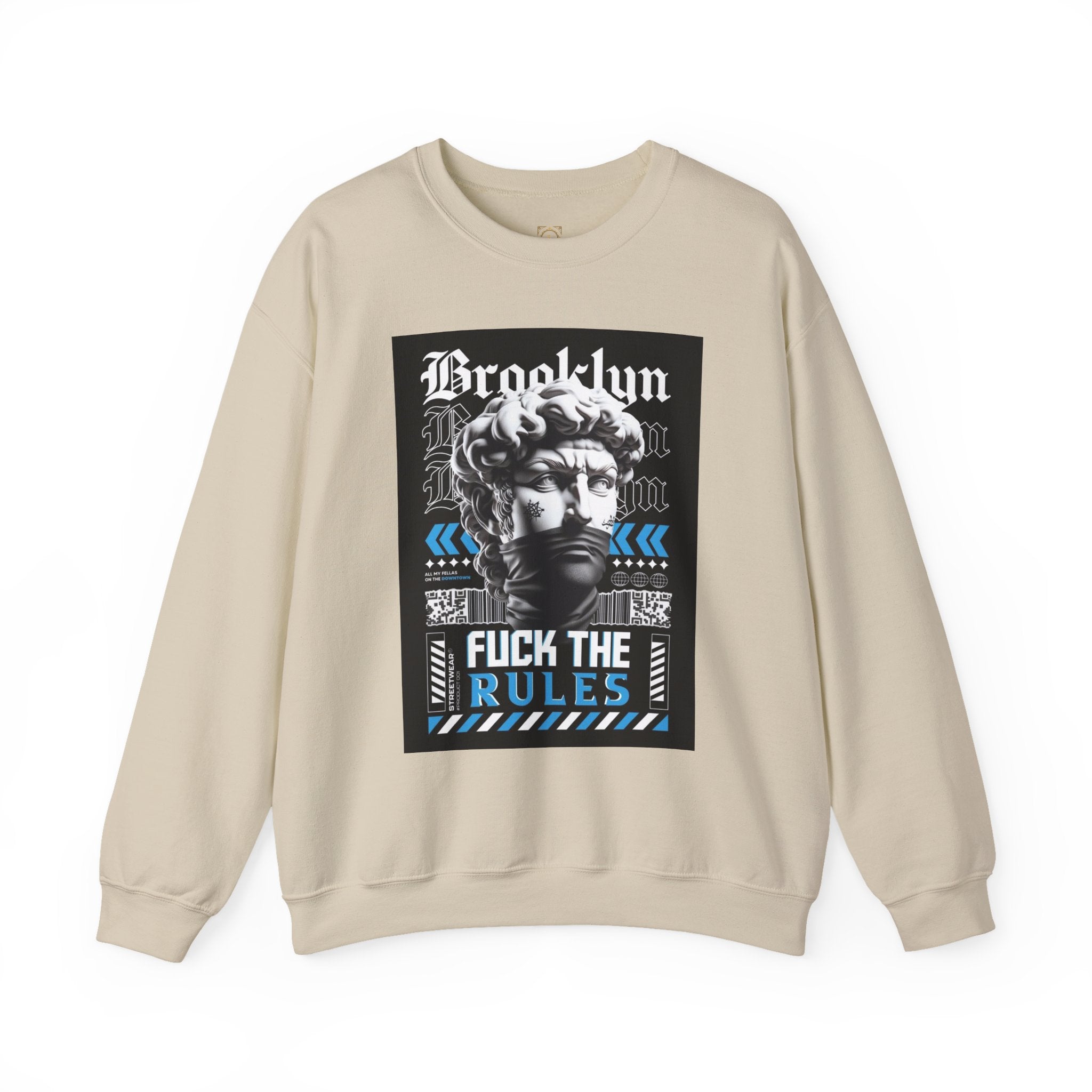 Crewneck Sweatshirt — 'Brooklyn' Statue Graphic with “Fuck the Rules” Streetwear Slogan