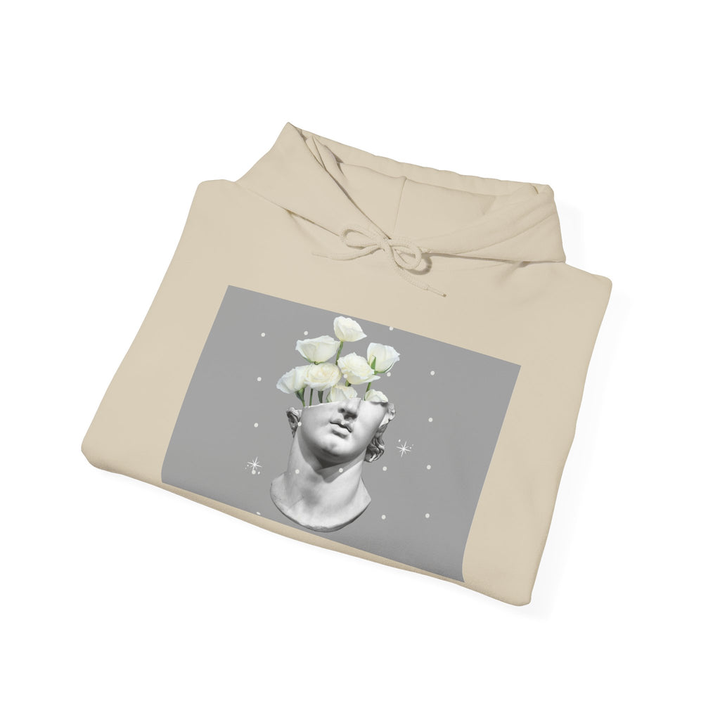 Statue Bloom Hoodie — Classical Bust with White Flowers Graphic Hoodie