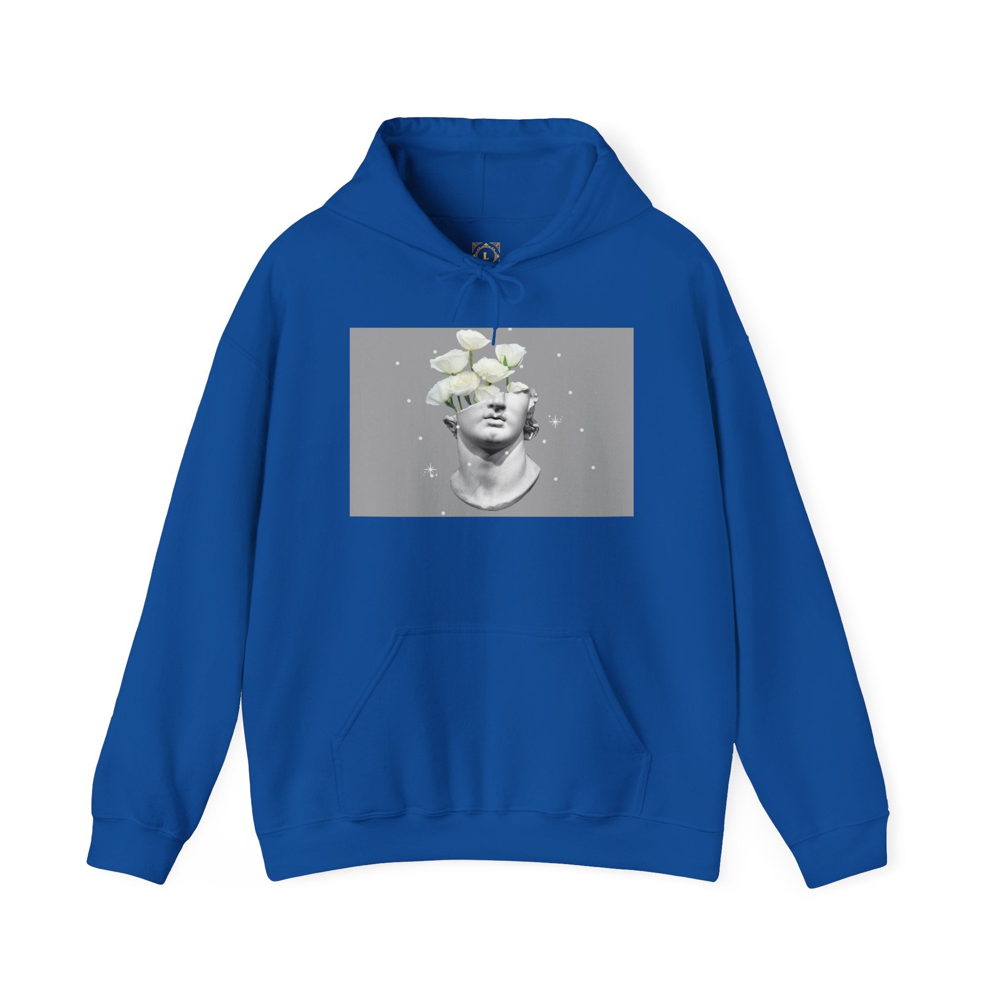 Statue Bloom Hoodie — Classical Bust with White Flowers Graphic Hoodie