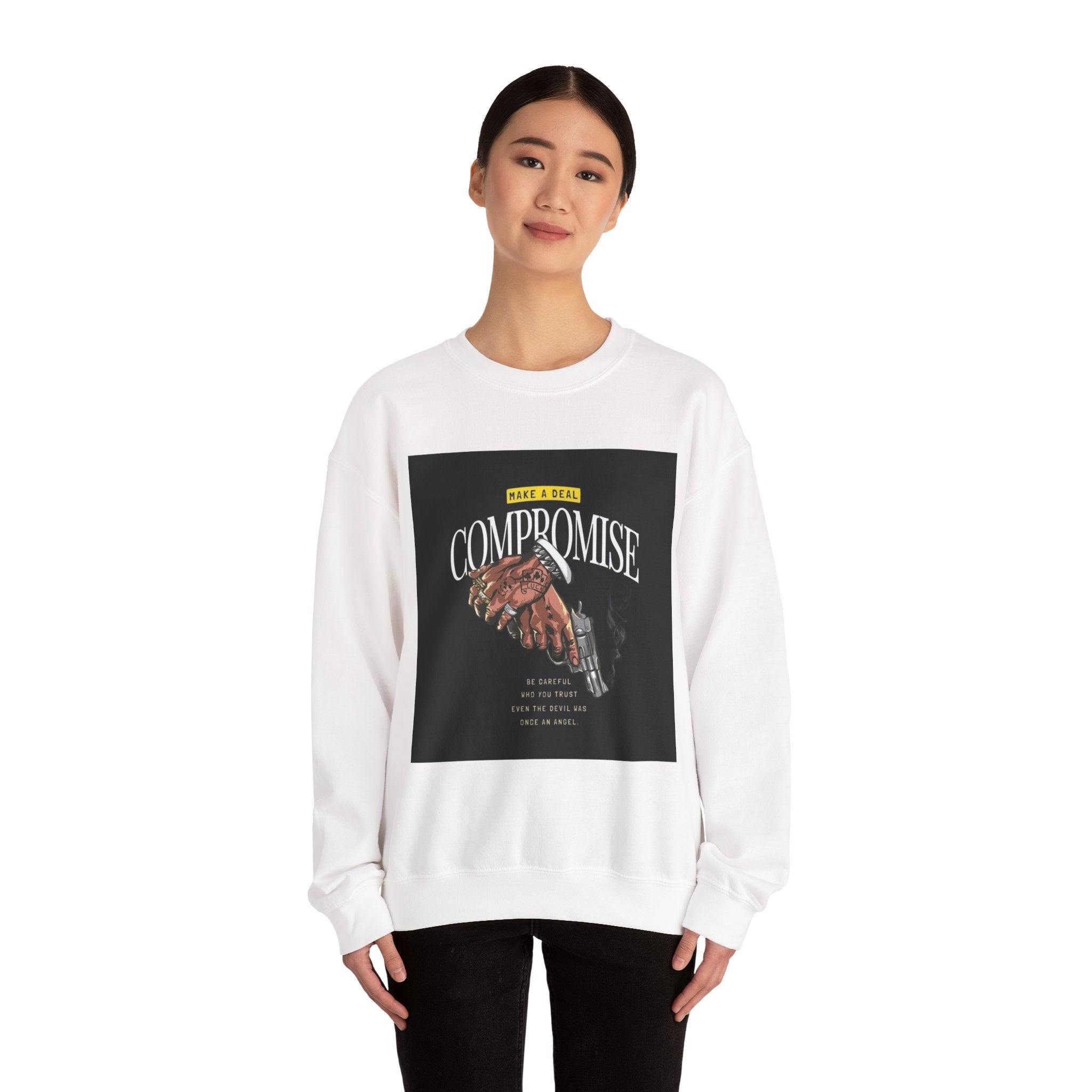 Compromise Graphic Sweatshirt — Vintage Handshake & Revolver Design