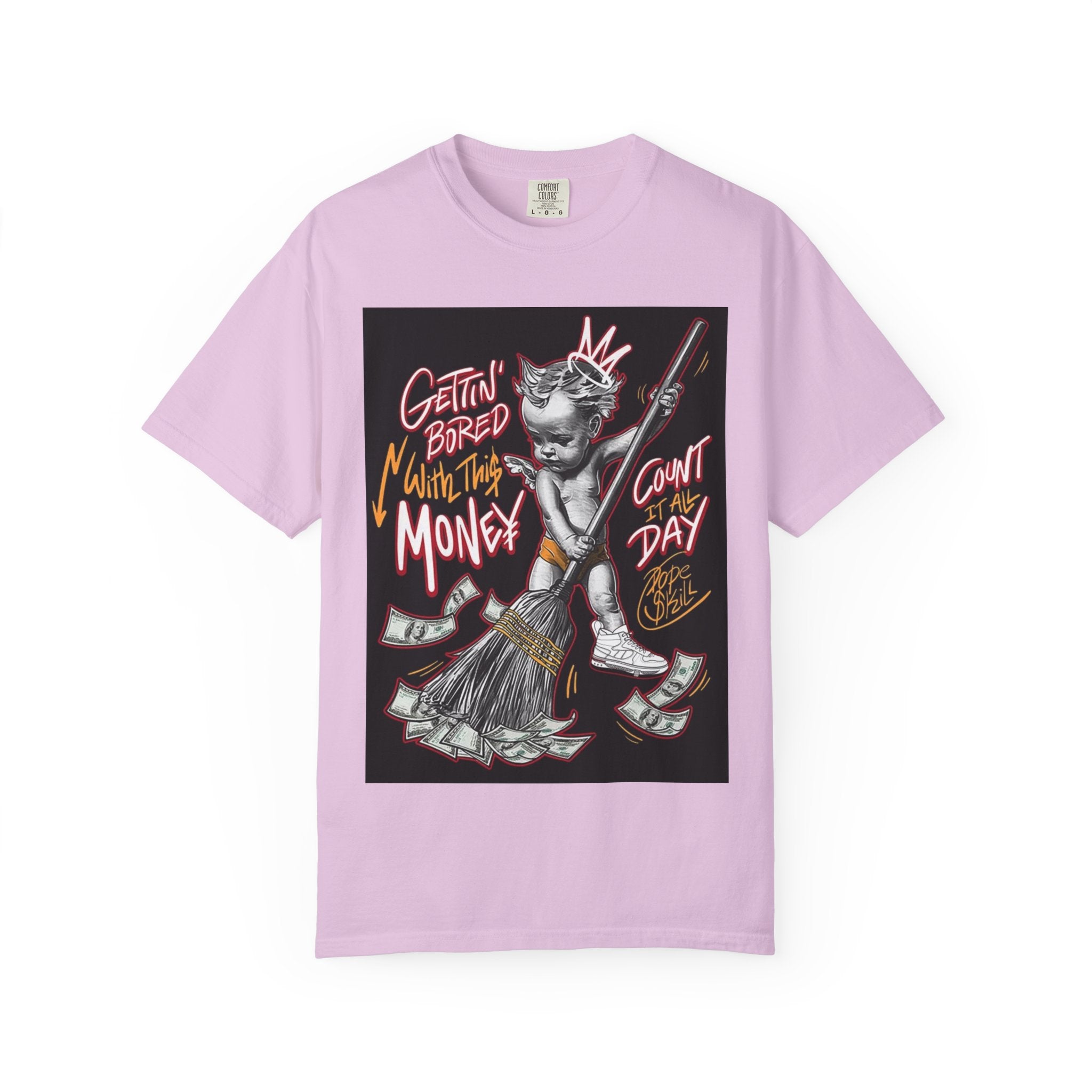 Cat Broomstick Money Tee — "Gettin' Bored With This Money" Graphic T-Shirt
