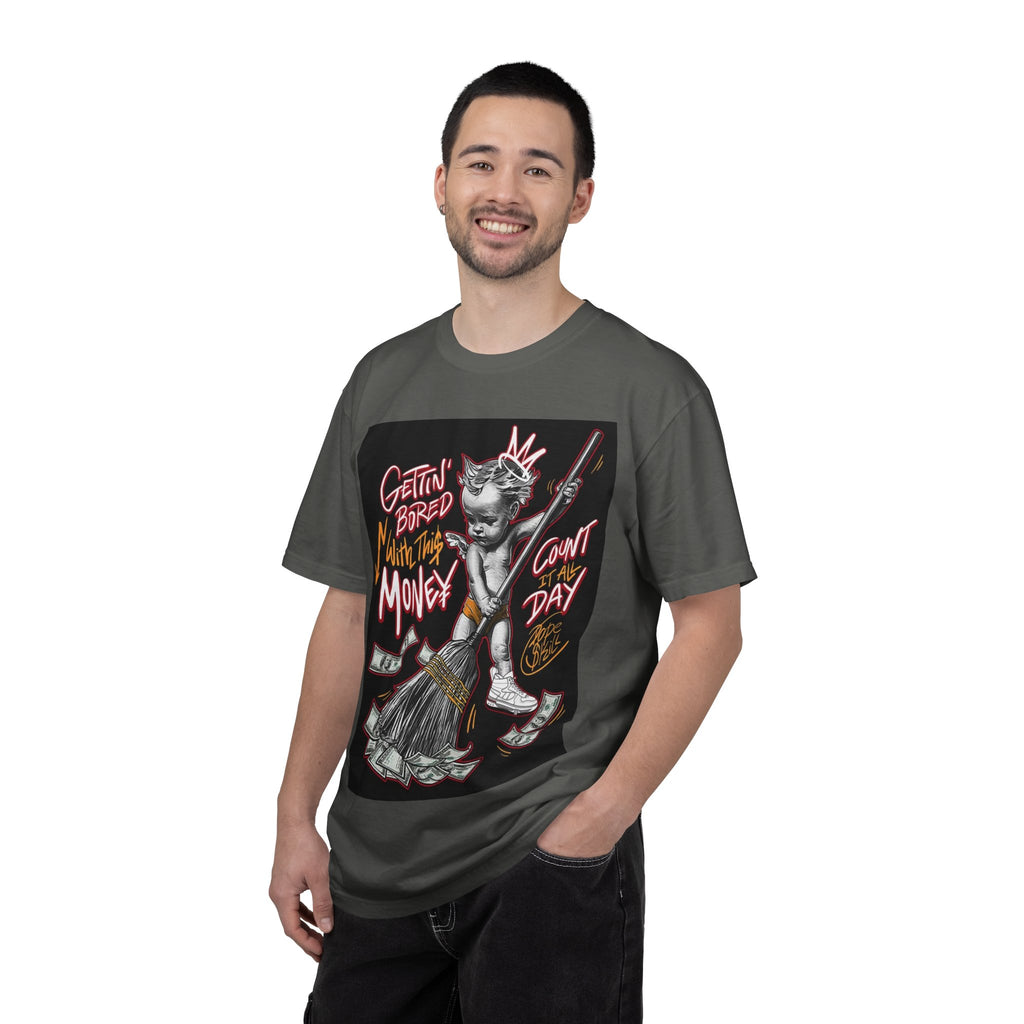 Cat Broomstick Money Tee — "Gettin' Bored With This Money" Graphic T-Shirt